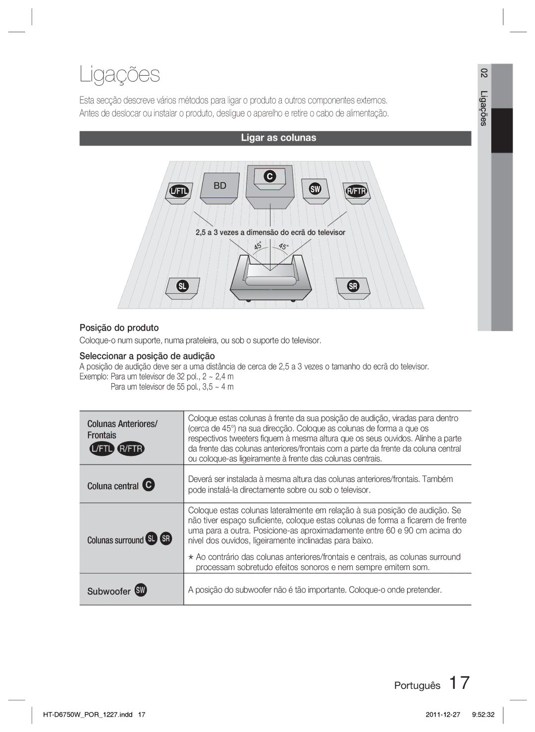 Samsung HT-D6750W/ZF manual Ligações, Ligar as colunas 