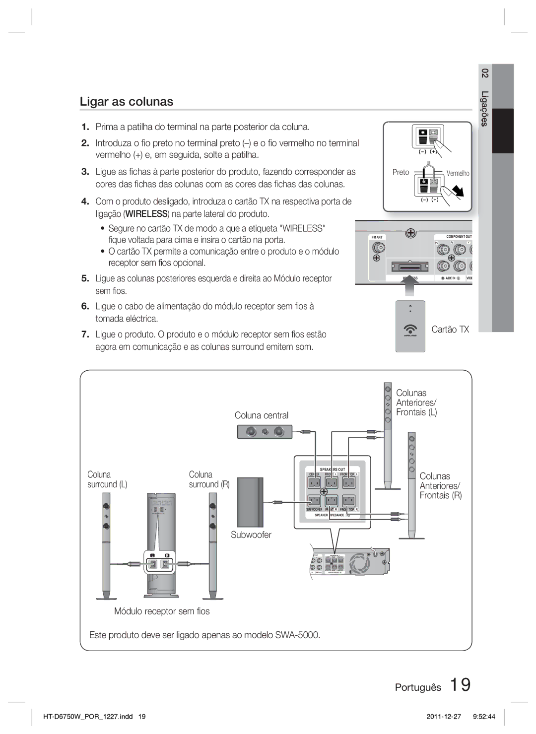 Samsung HT-D6750W/ZF manual Ligar as colunas, Coluna central, Cartão TX Colunas Anteriores Frontais L Surround L, Preto 