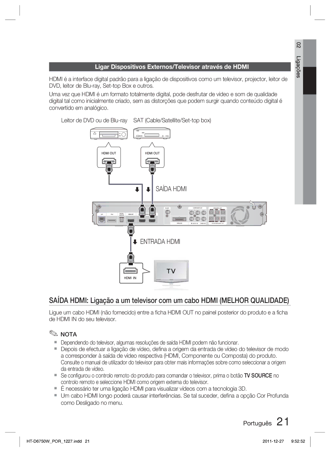 Samsung HT-D6750W/ZF manual Entrada Hdmi, Ligar Dispositivos Externos/Televisor através de Hdmi 