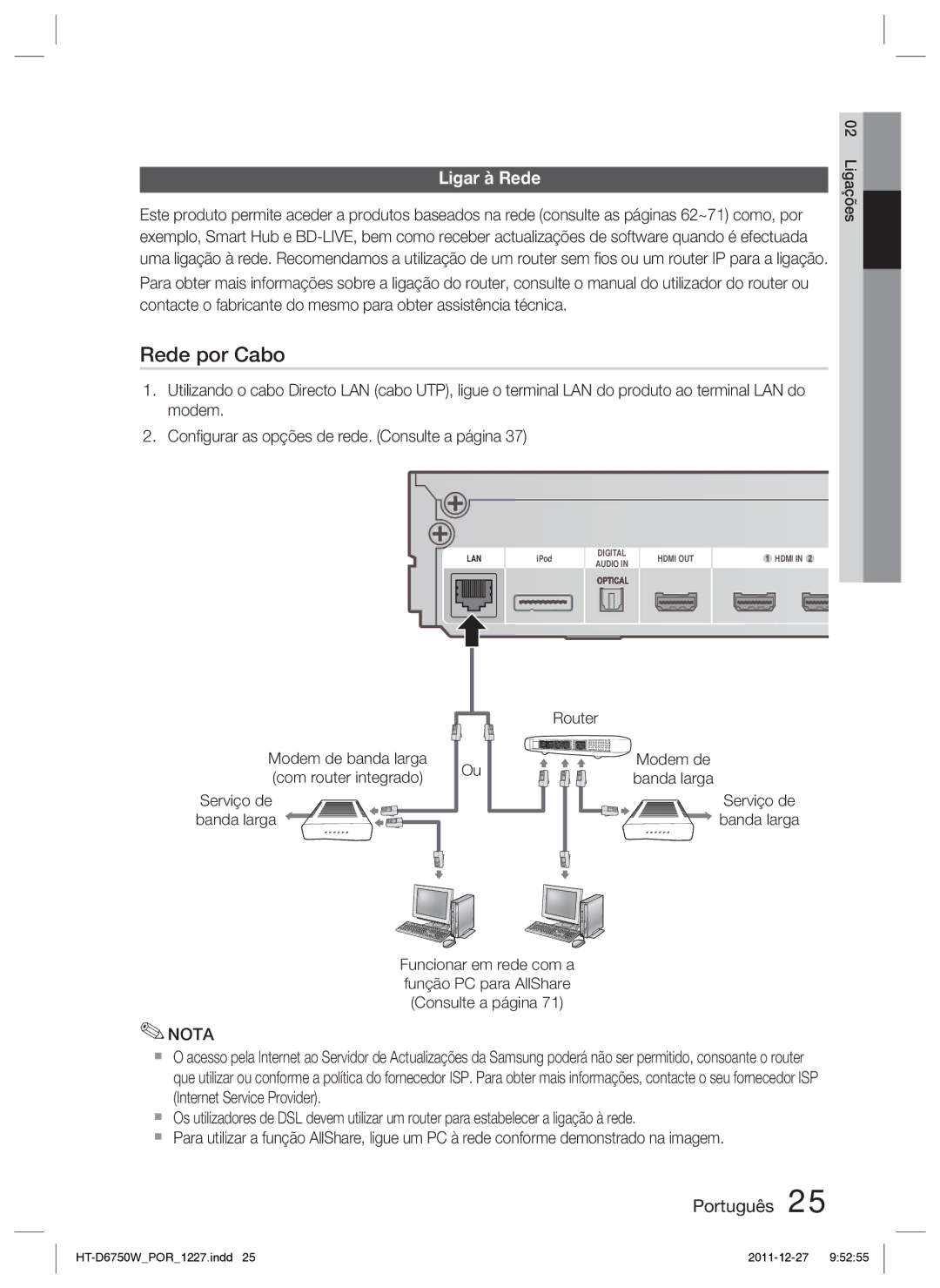 Samsung HT-D6750W/ZF manual Ligar à Rede, Modem de banda larga com router integrado 