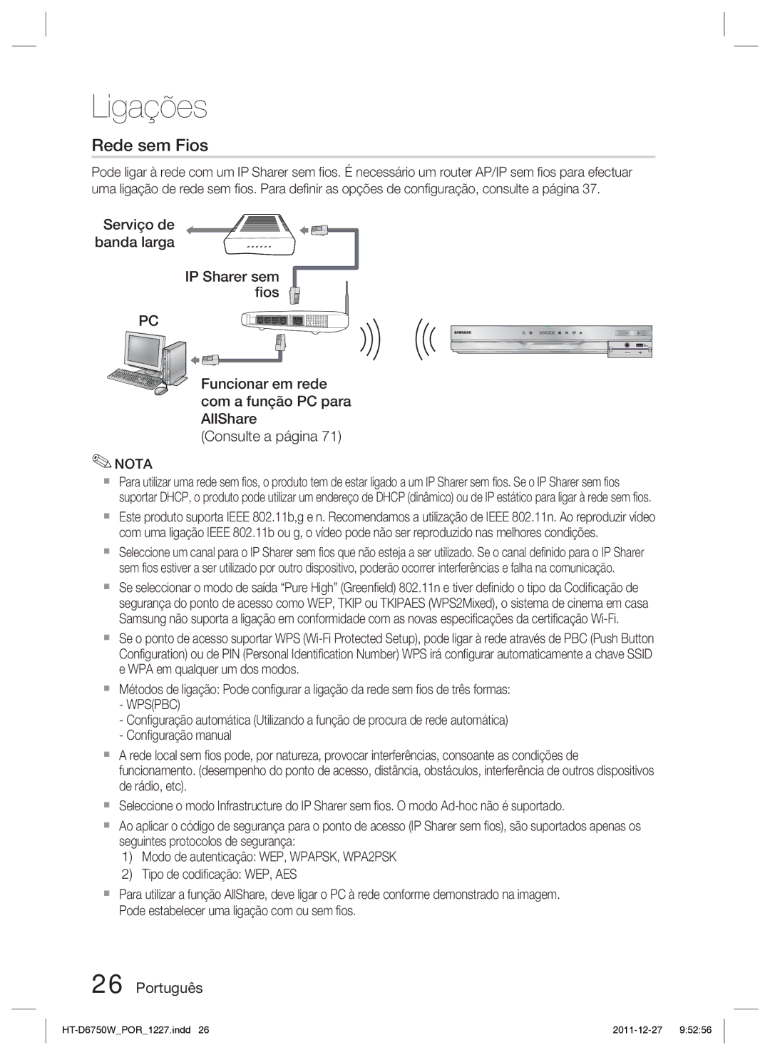 Samsung HT-D6750W/ZF manual Rede sem Fios 