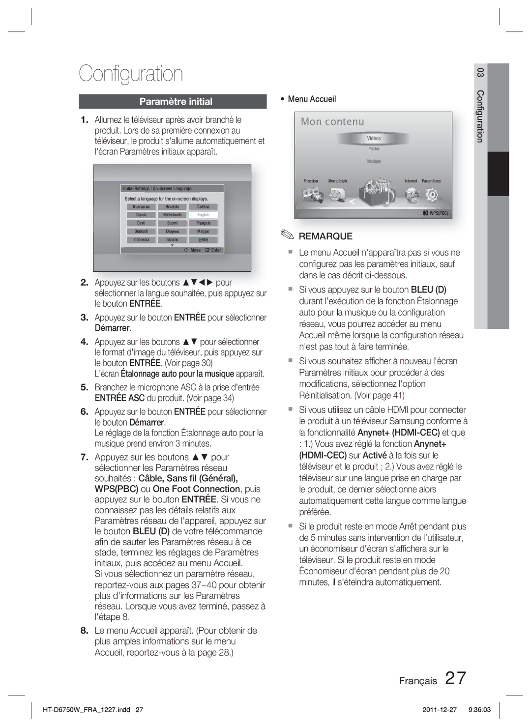 Samsung HT-D6750W/ZF manual Conﬁguration, Paramètre initial 