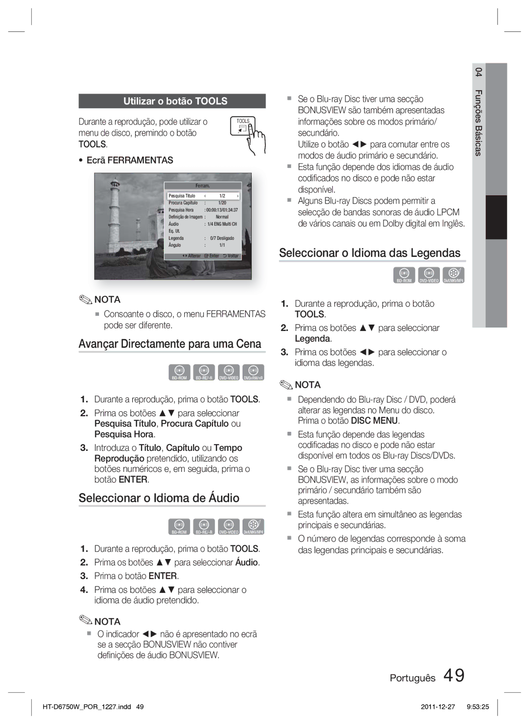 Samsung HT-D6750W/ZF Seleccionar o Idioma de Áudio, Seleccionar o Idioma das Legendas, Avançar Directamente para uma Cena 