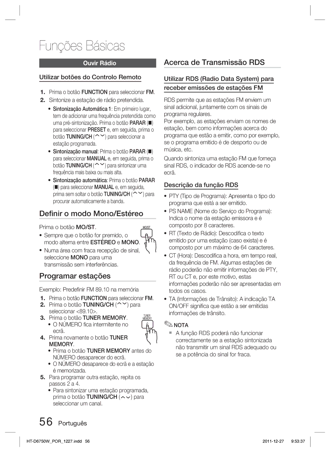 Samsung HT-D6750W/ZF manual Deﬁnir o modo Mono/Estéreo, Programar estações, Acerca de Transmissão RDS, Ouvir Rádio 