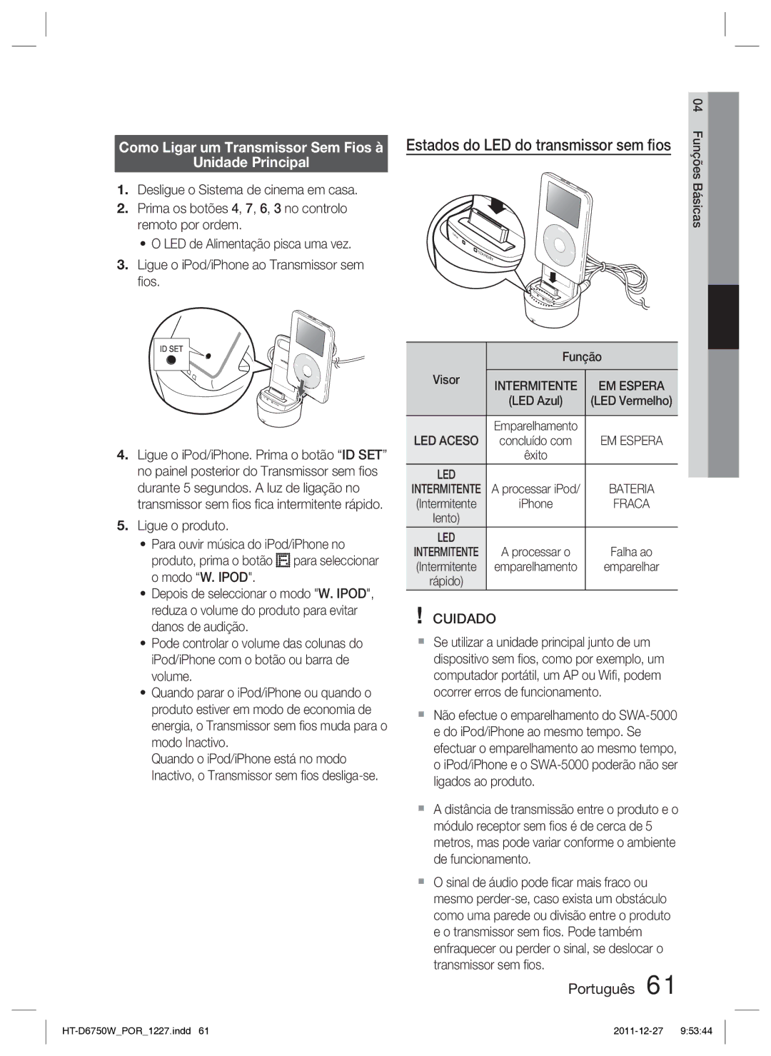 Samsung HT-D6750W/ZF manual Estados do LED do transmissor sem ﬁos, Como Ligar um Transmissor Sem Fios à Unidade Principal 