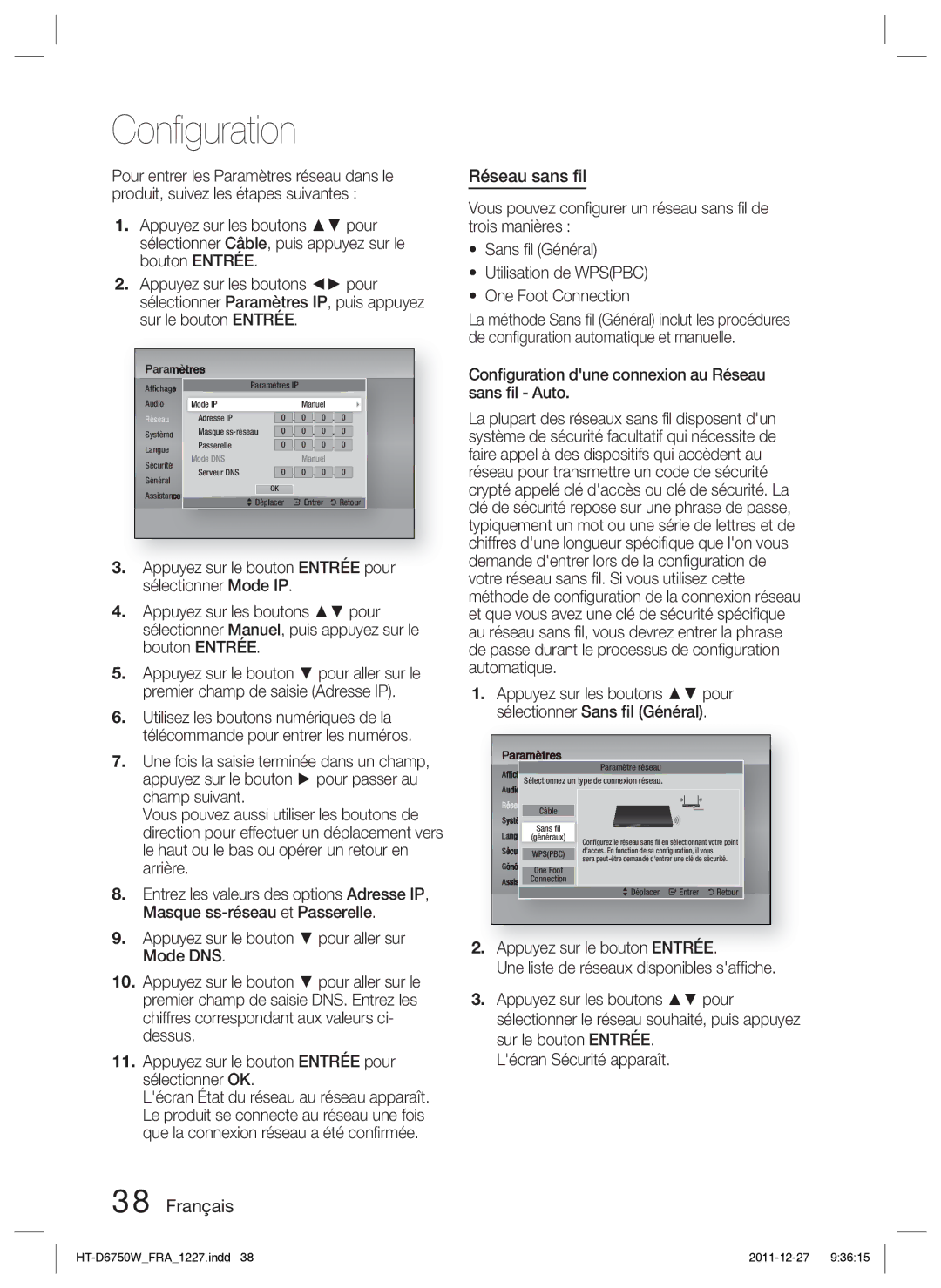 Samsung HT-D6750W/ZF manual Français Réseau sans ﬁl, Appuyez sur les boutons pour sélectionner Sans ﬁl Général 