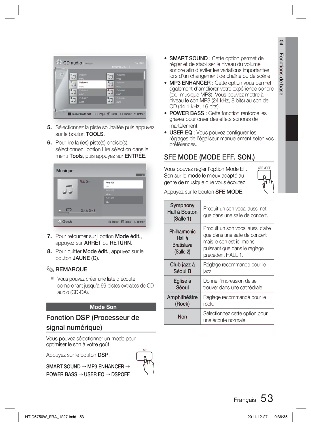 Samsung HT-D6750W/ZF manual Fonction DSP Processeur de signal numérique, Mode Son 