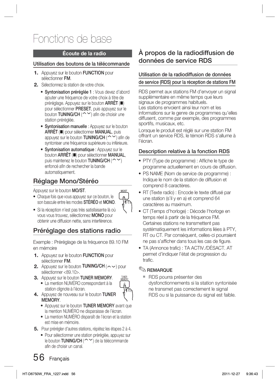 Samsung HT-D6750W/ZF manual Réglage Mono/Stéréo, Préréglage des stations radio, Écoute de la radio 