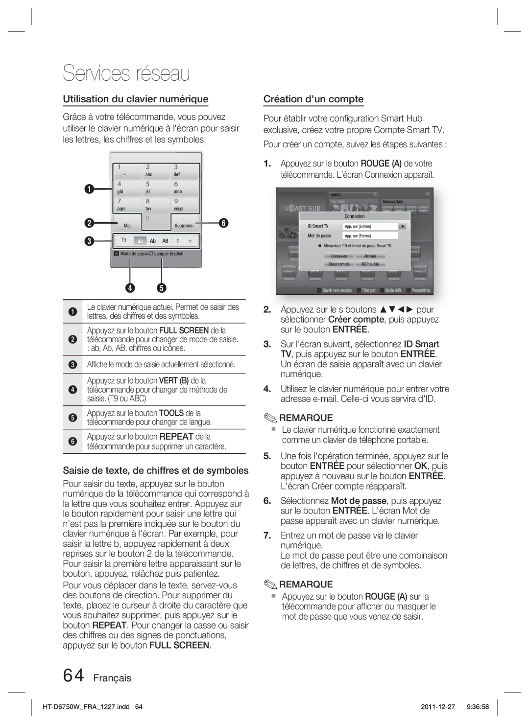 Samsung HT-D6750W/ZF manual Utilisation du clavier numérique, Saisie de texte, de chiffres et de symboles 