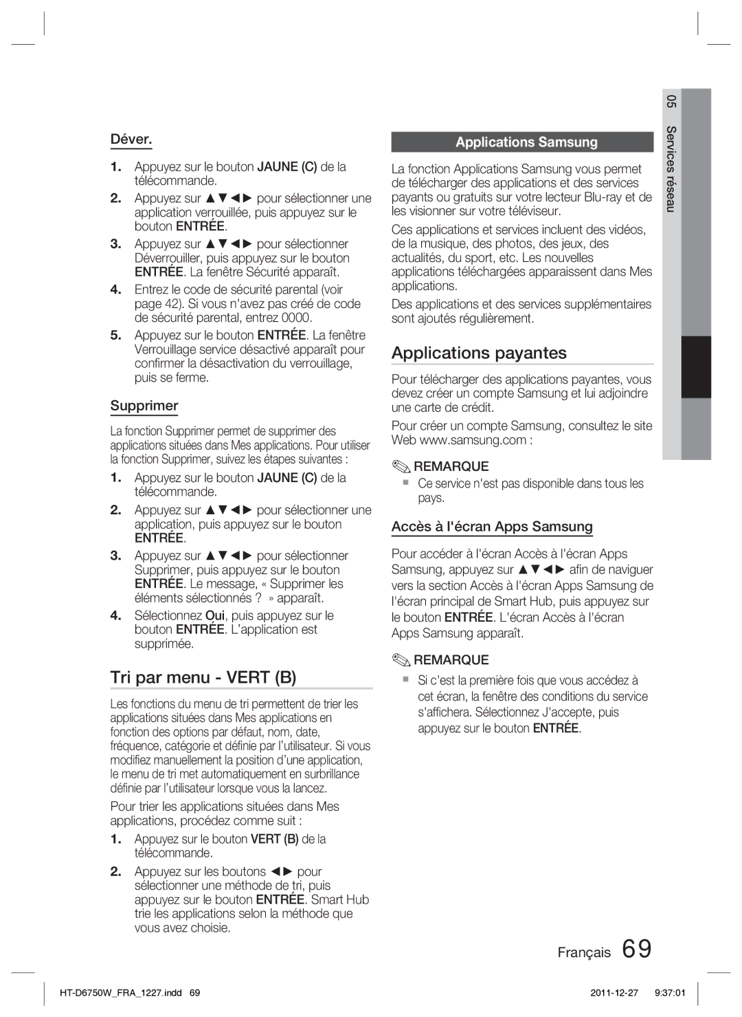 Samsung HT-D6750W/ZF manual Tri par menu Vert B, Applications payantes, Applications Samsung 