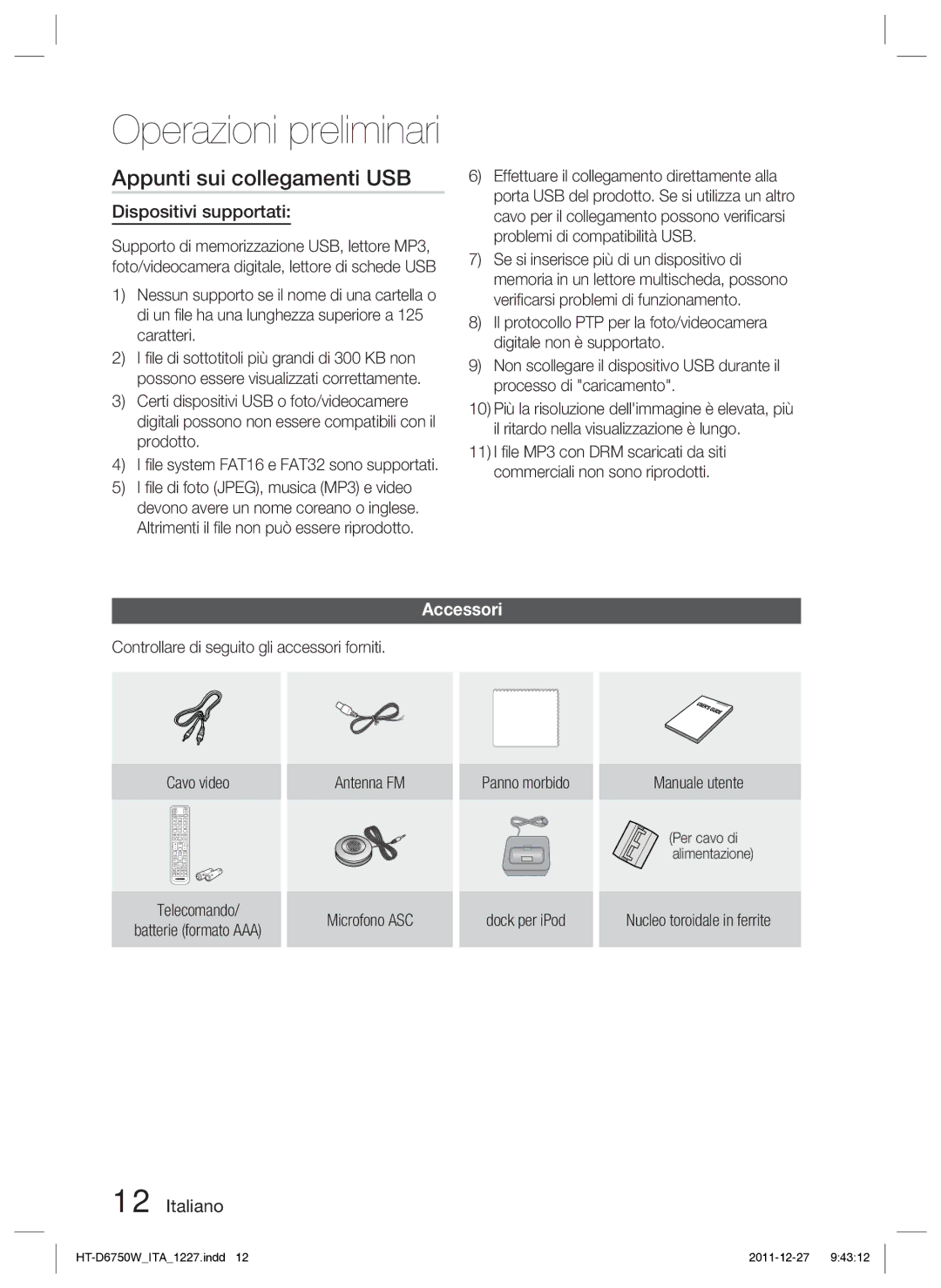 Samsung HT-D6750W/ZF manual Appunti sui collegamenti USB, Dispositivi supportati, Accessori, Nucleo toroidale in ferrite 