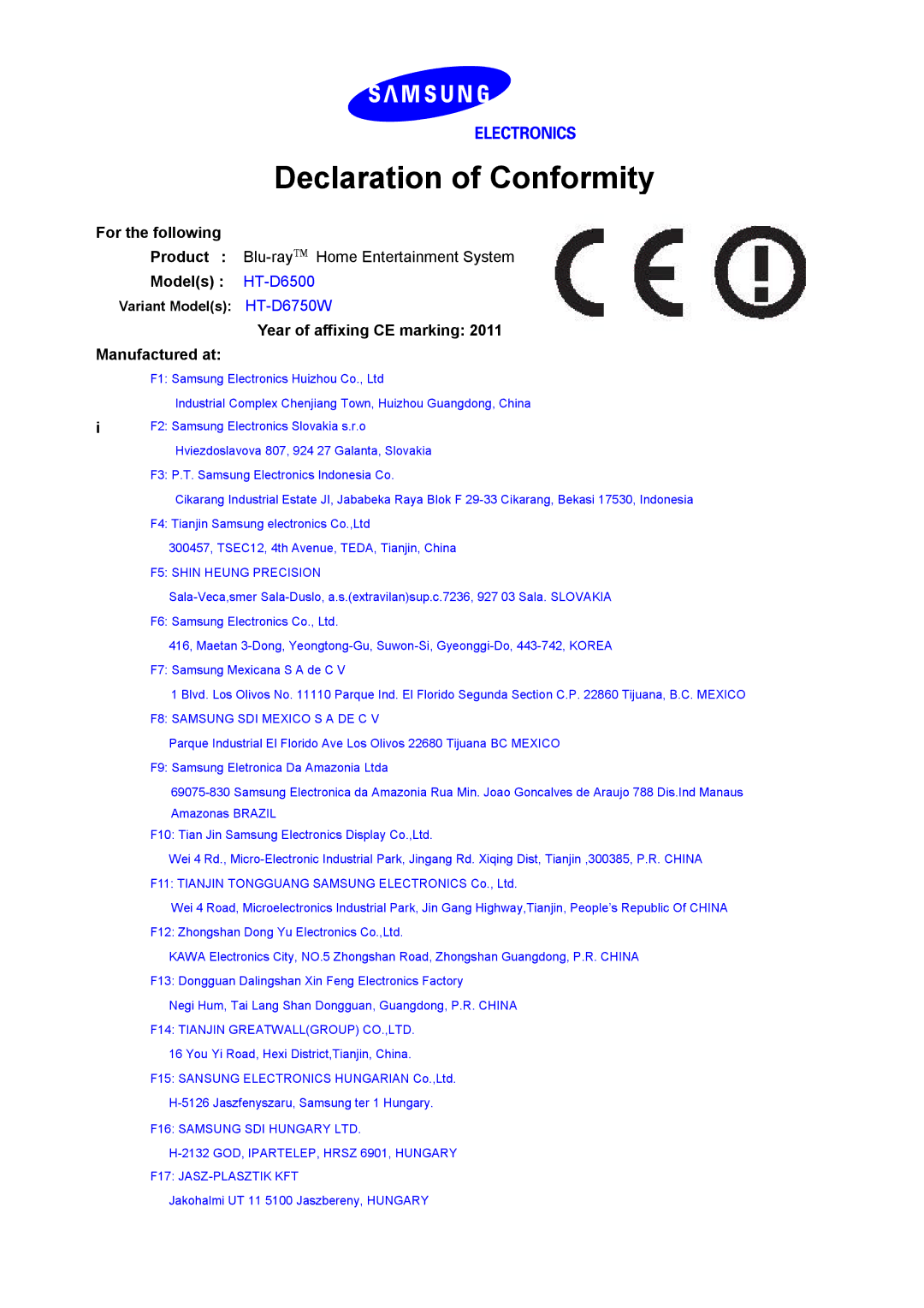 Samsung HT-D6759W/ZG manual Declaration of Conformity, For the following, Models HT-D6500 