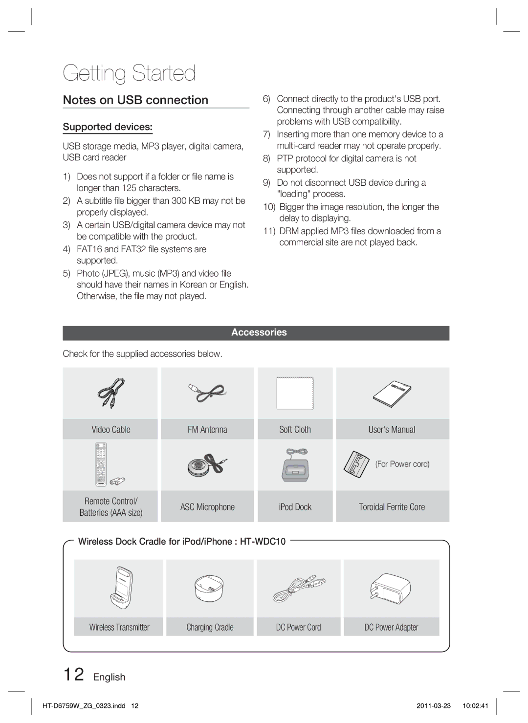 Samsung HT-D6759W/ZG manual Supported devices, Accessories, Wireless Dock Cradle for iPod/iPhone HT-WDC10 