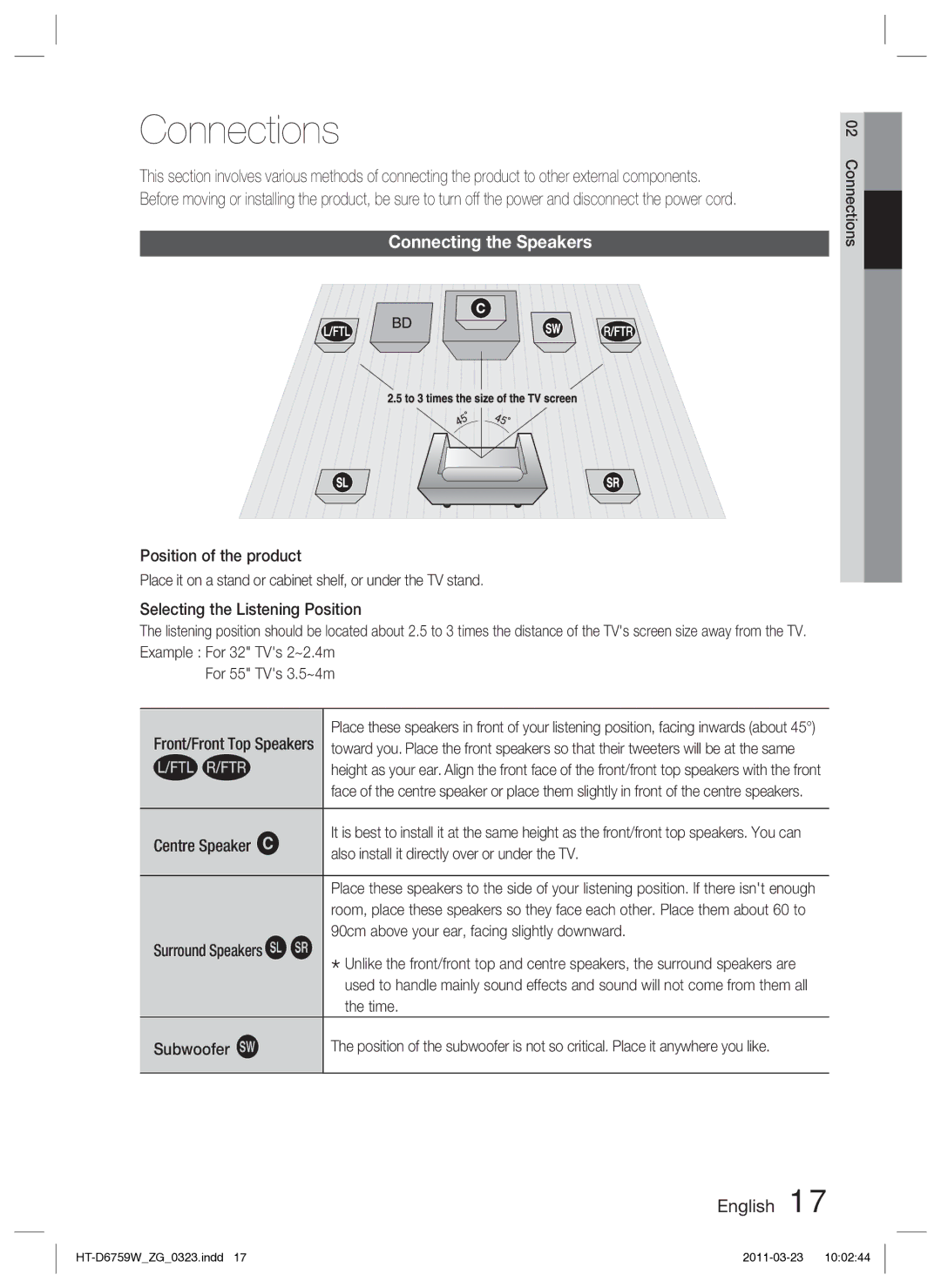 Samsung HT-D6759W/ZG manual Connections, Connecting the Speakers 