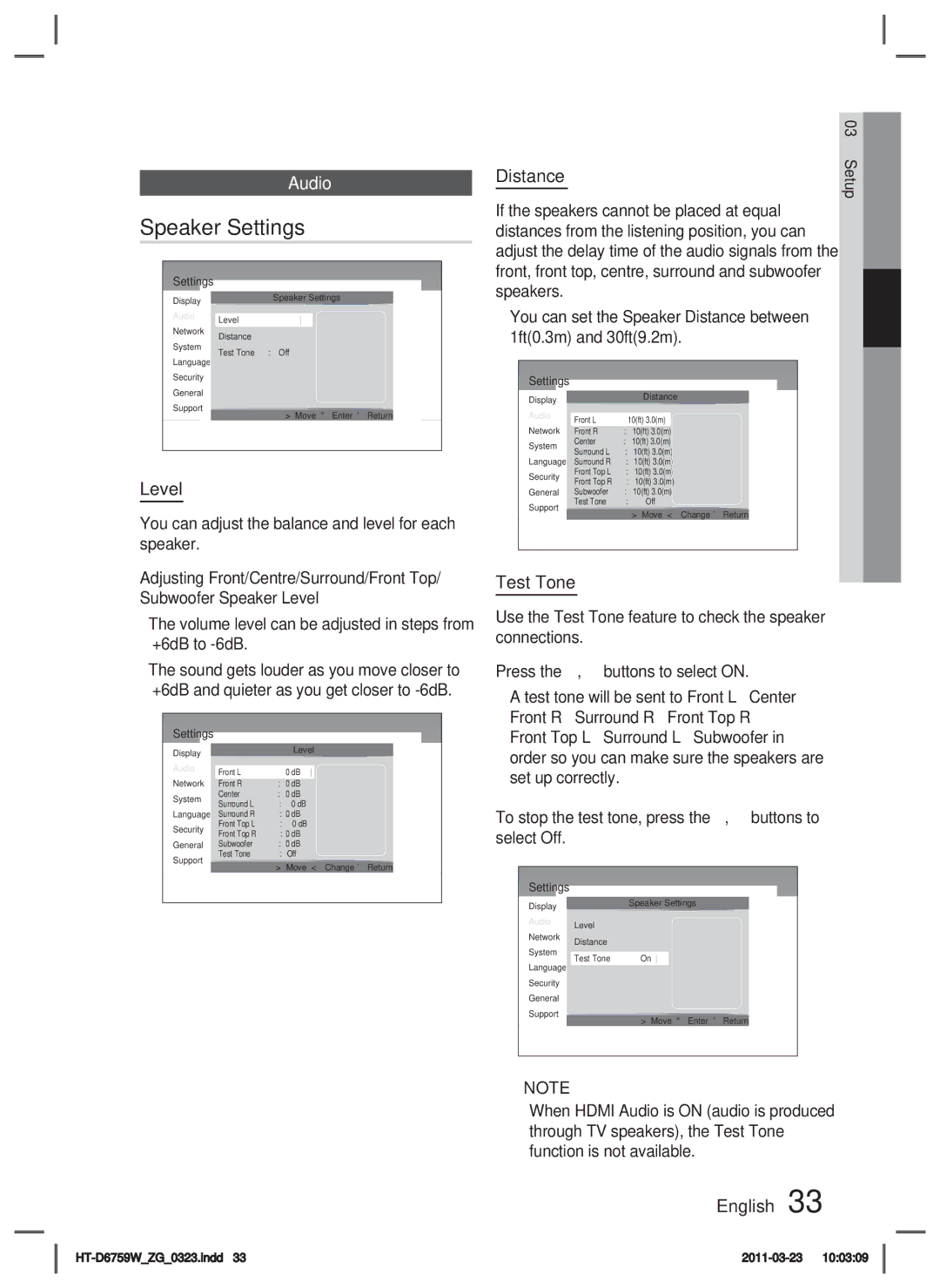Samsung HT-D6759W/ZG manual Speaker Settings, Audio, Level, Test Tone, Distance 
