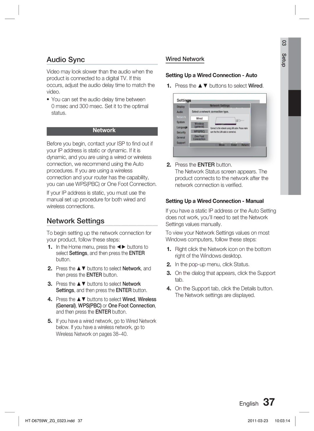 Samsung HT-D6759W/ZG manual Audio Sync, Network Settings, Wired Network 