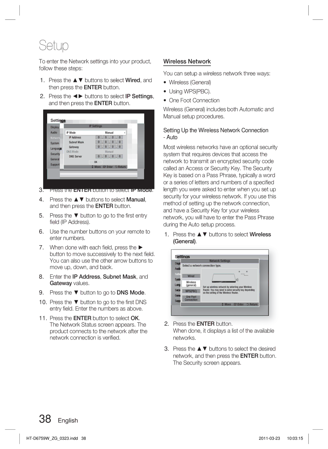 Samsung HT-D6759W/ZG manual Wireless Network 