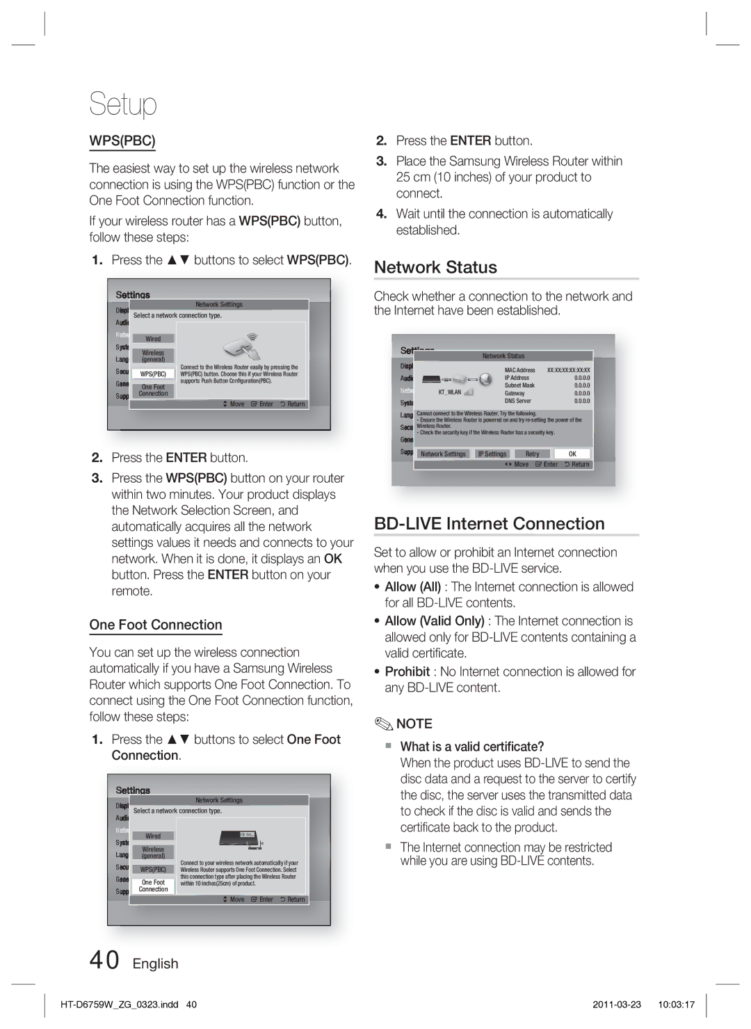 Samsung HT-D6759W/ZG Network Status, BD-LIVE Internet Connection, One Foot Connection, Certiﬁcate back to the product 