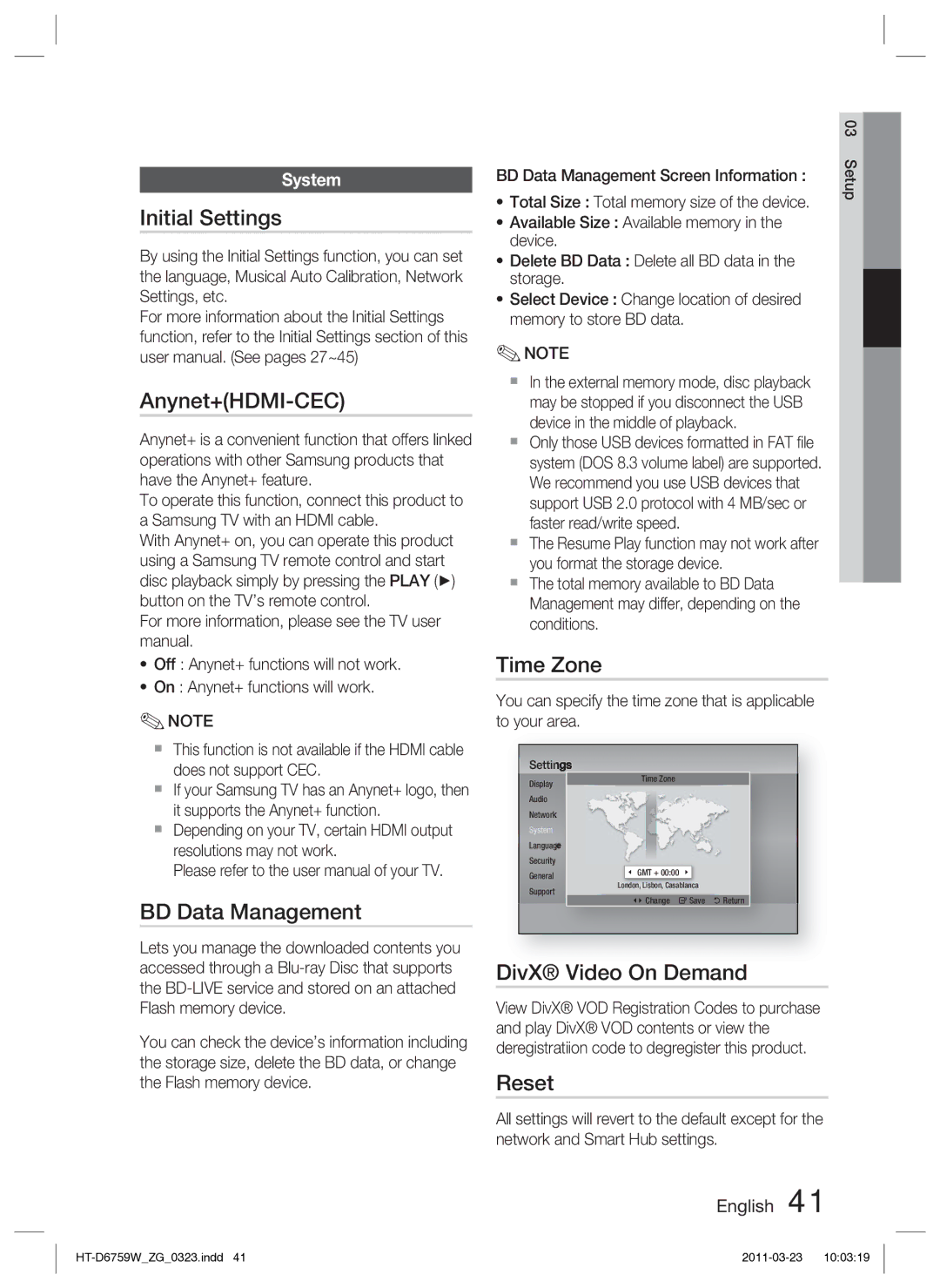 Samsung HT-D6759W/ZG manual Initial Settings, Anynet+HDMI-CEC, BD Data Management, Time Zone, DivX Video On Demand, Reset 