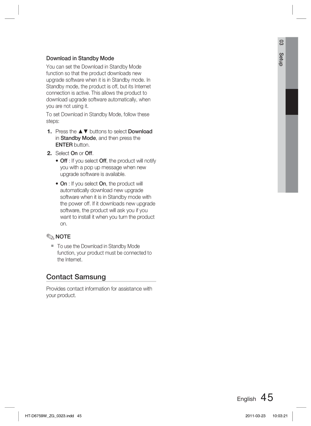 Samsung HT-D6759W/ZG manual Contact Samsung, Download in Standby Mode 