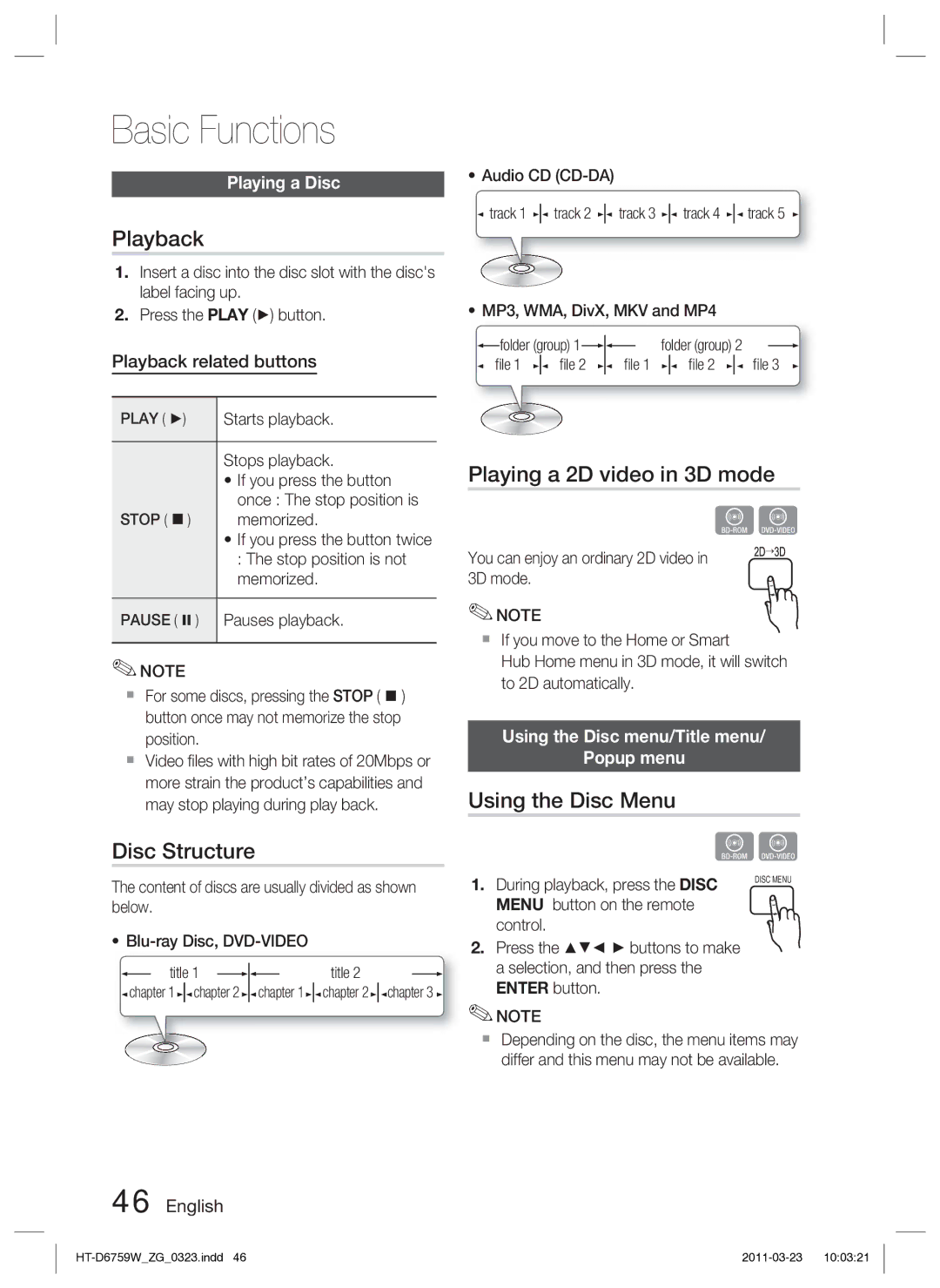 Samsung HT-D6759W/ZG manual Basic Functions, Playback, Disc Structure, Playing a 2D video in 3D mode, Using the Disc Menu 