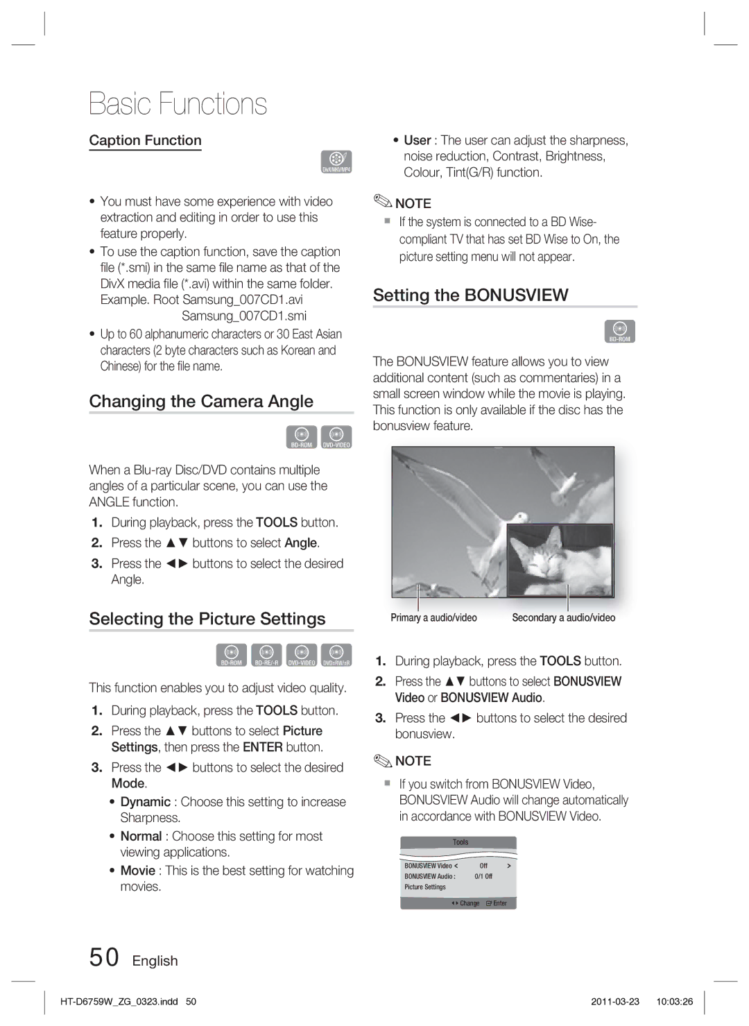 Samsung HT-D6759W/ZG Changing the Camera Angle, Selecting the Picture Settings, Setting the Bonusview, Caption Function 