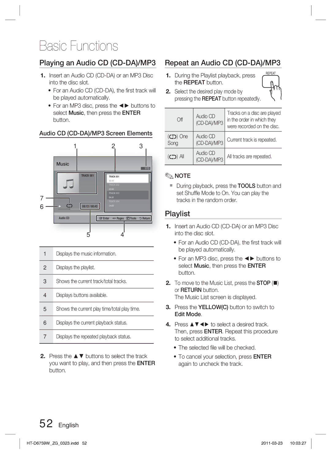 Samsung HT-D6759W/ZG manual Playing an Audio CD CD-DA/MP3, Repeat an Audio CD CD-DA/MP3, Playlist 