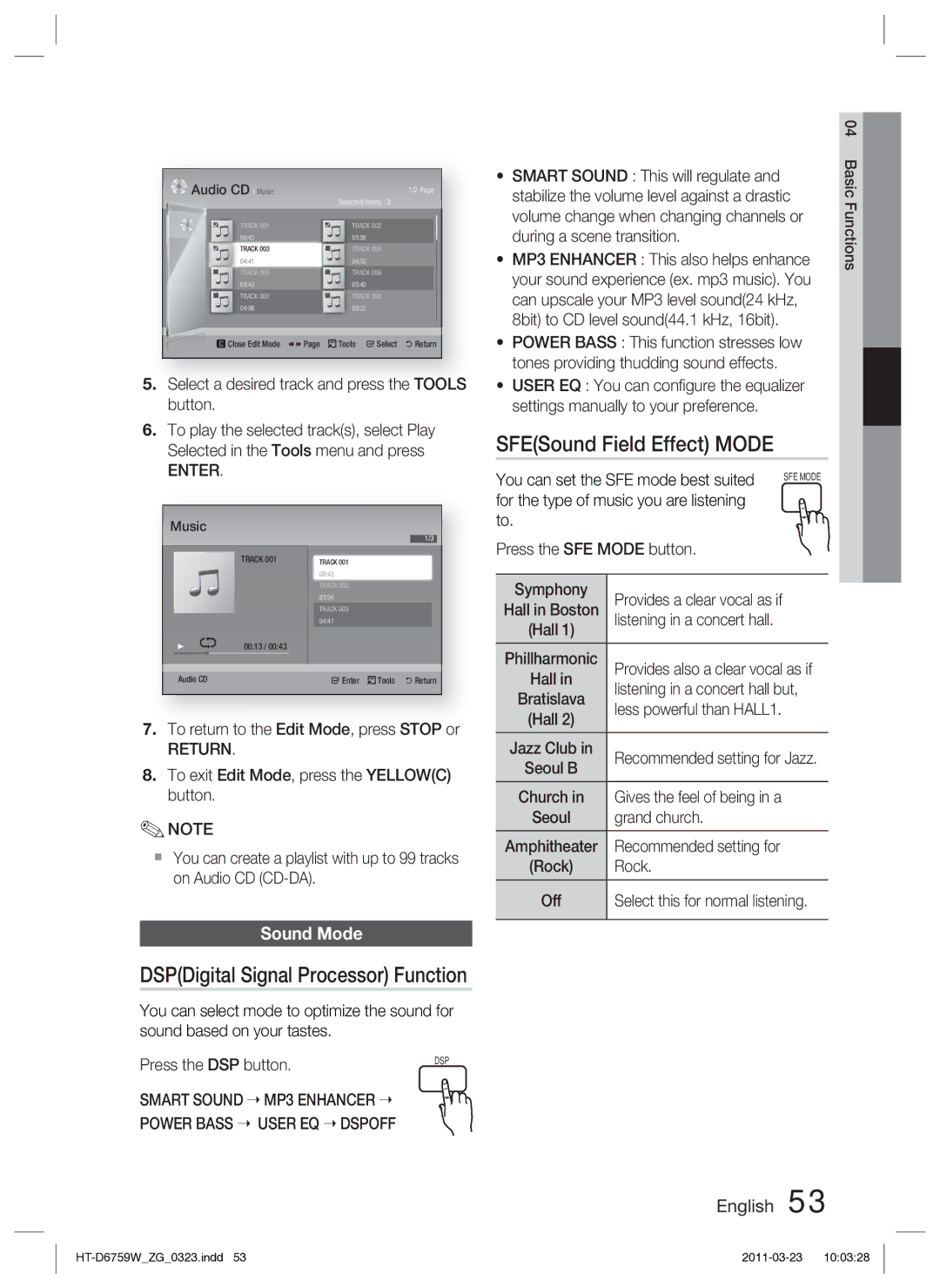 Samsung HT-D6759W/ZG manual SFESound Field Effect Mode, DSPDigital Signal Processor Function, Sound Mode 