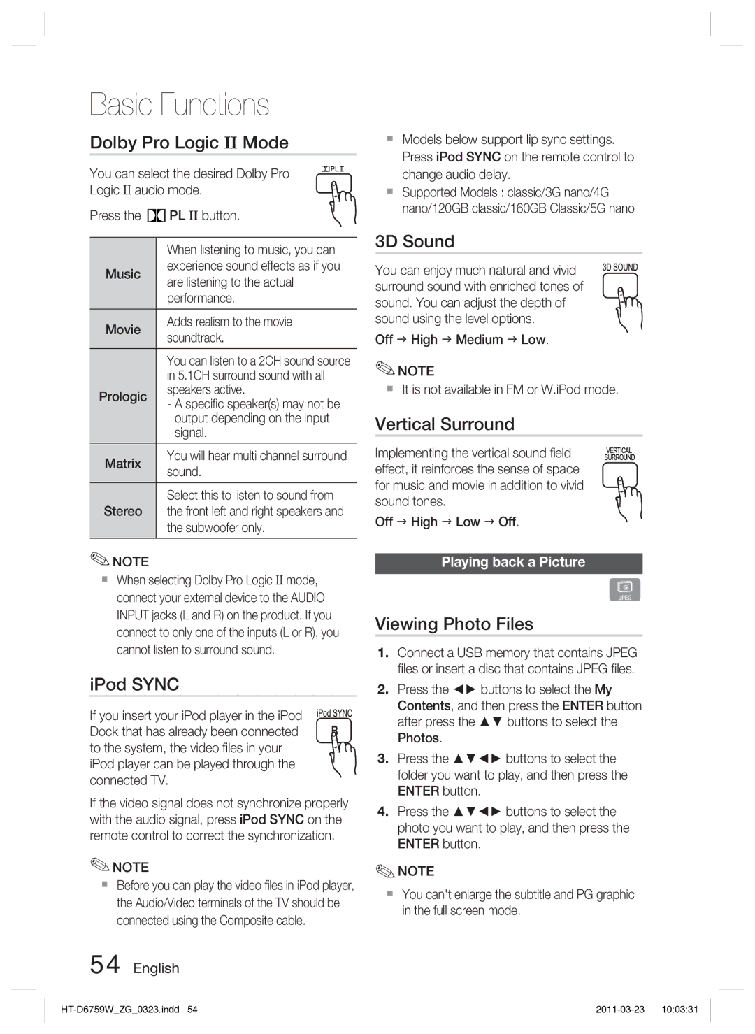 Samsung HT-D6759W/ZG manual Dolby Pro Logic II Mode, IPod Sync, 3D Sound, Vertical Surround, Viewing Photo Files 
