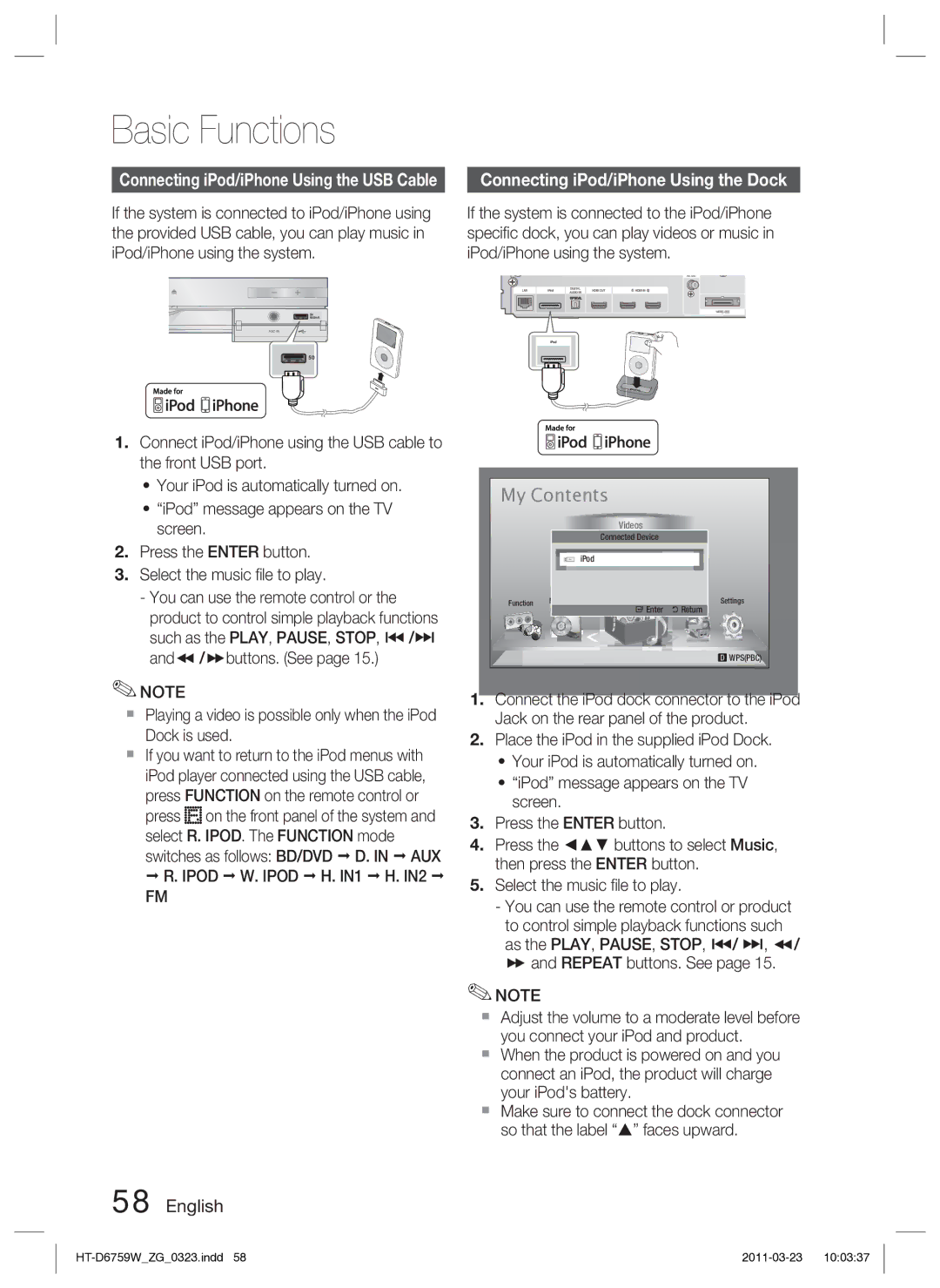 Samsung HT-D6759W/ZG manual Connecting iPod/iPhone Using the Dock, Ipod W. Ipod H. IN1 H. IN2 