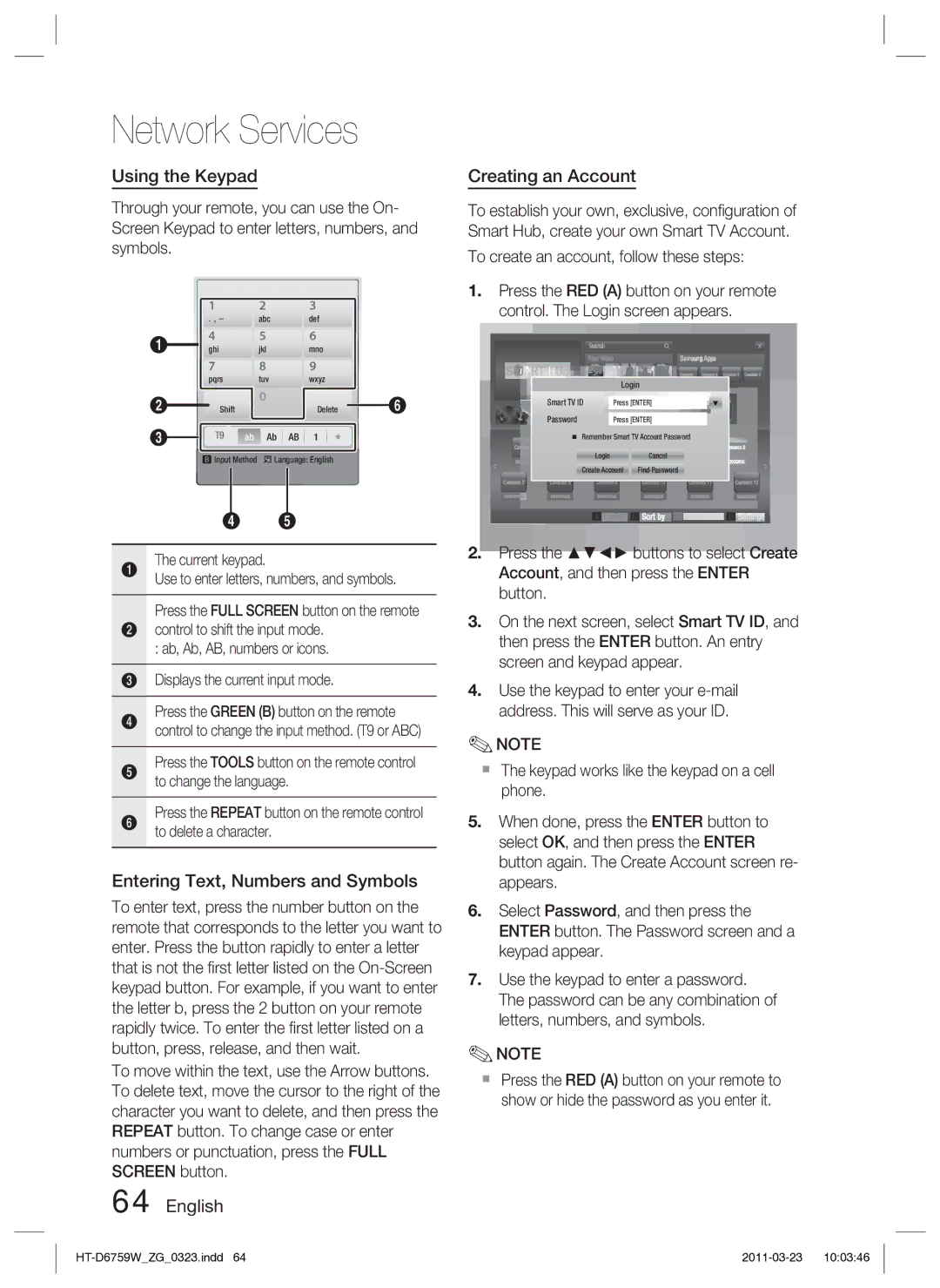 Samsung HT-D6759W/ZG Using the Keypad, Entering Text, Numbers and Symbols, English Creating an Account, Current keypad 