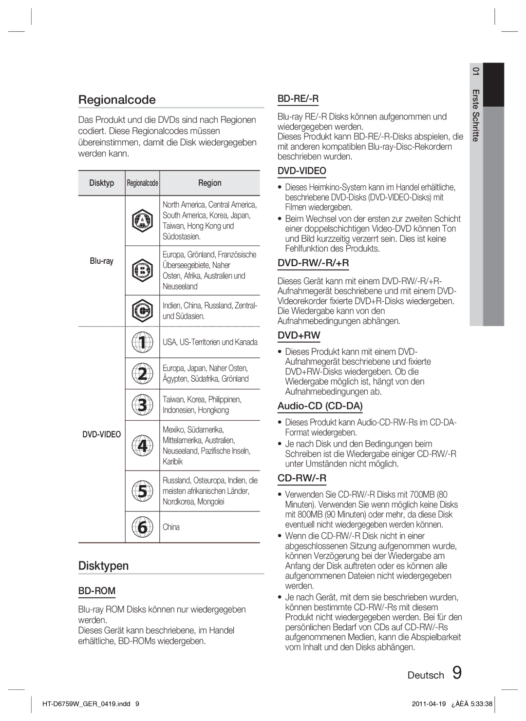 Samsung HT-D6759W/ZG manual Regionalcode, Disktypen, Audio-CD CD-DA 