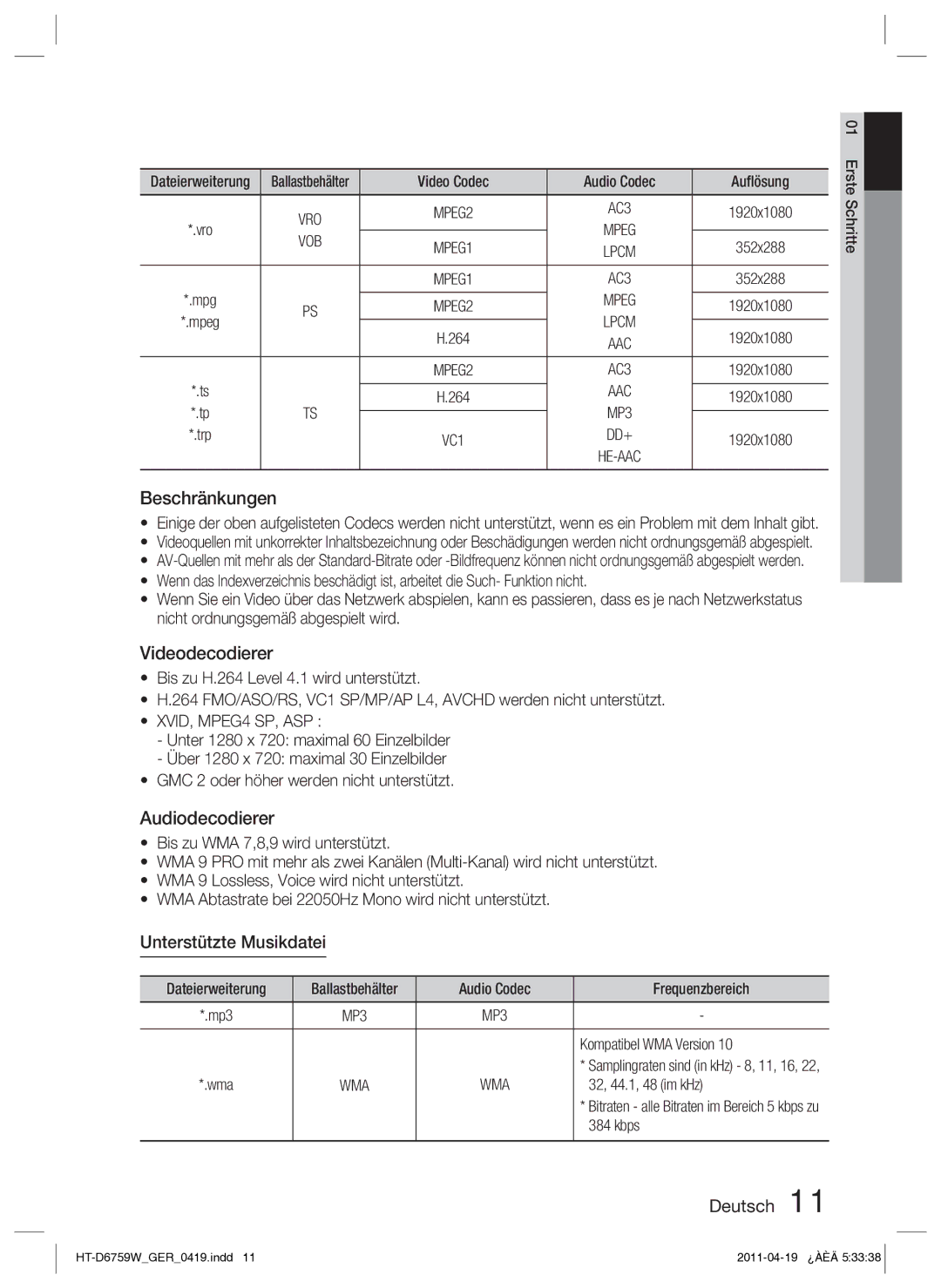 Samsung HT-D6759W/ZG manual Beschränkungen, Videodecodierer, Audiodecodierer, Unterstützte Musikdatei 