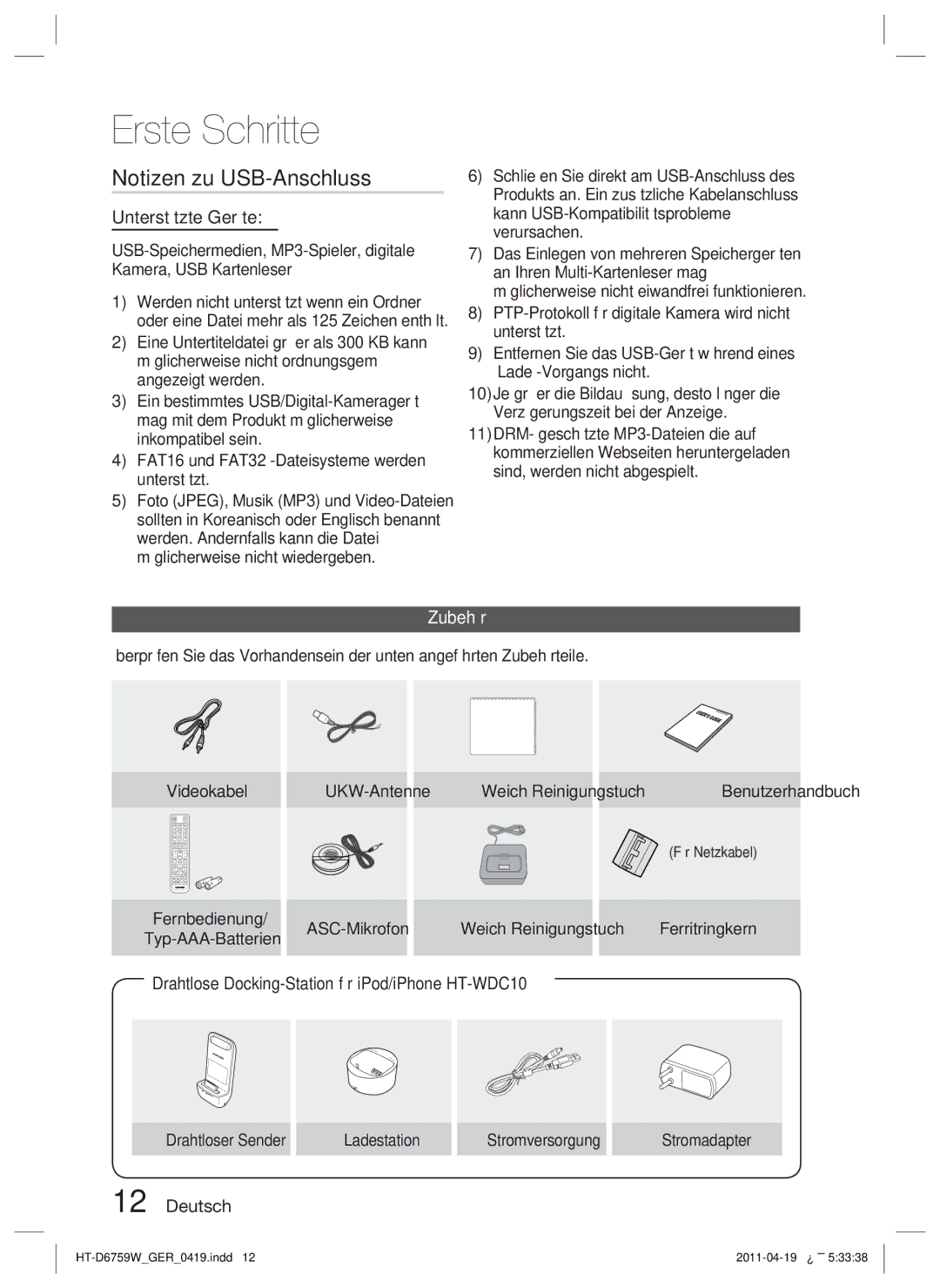 Samsung HT-D6759W/ZG manual Notizen zu USB-Anschluss, Unterstützte Geräte, Zubehör 