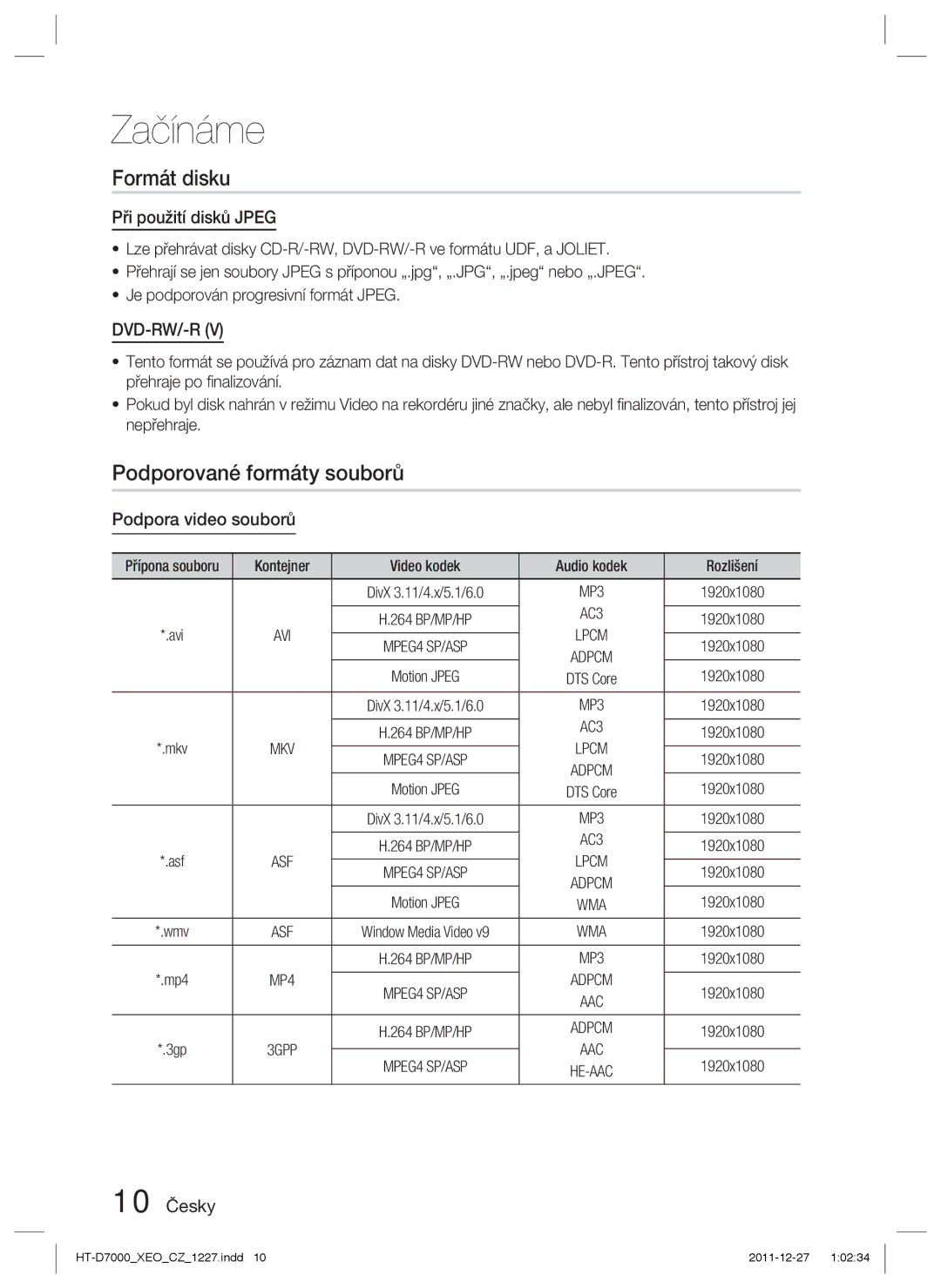 Samsung HT-D7000/EN Formát disku, Podporované formáty souborů, Při použití disků Jpeg, Podpora video souborů, 10 Česky 