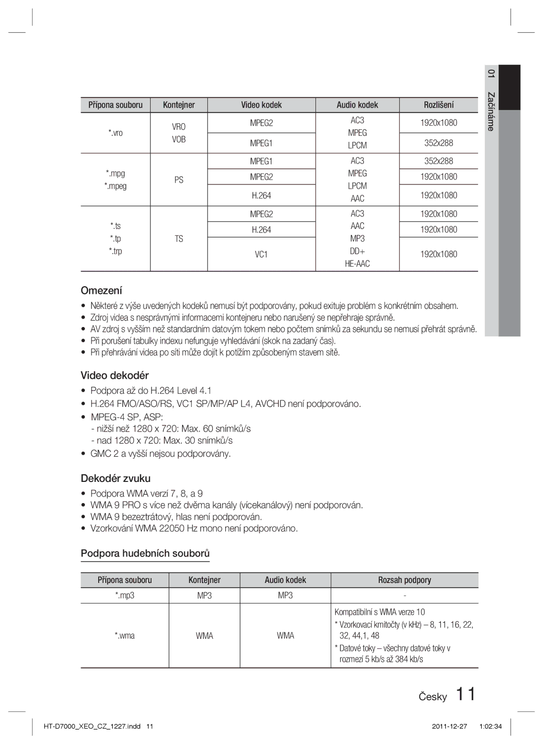 Samsung HT-D7000/EN manual Podpora hudebních souborů, Vob, MPEG-4 SP, ASP 