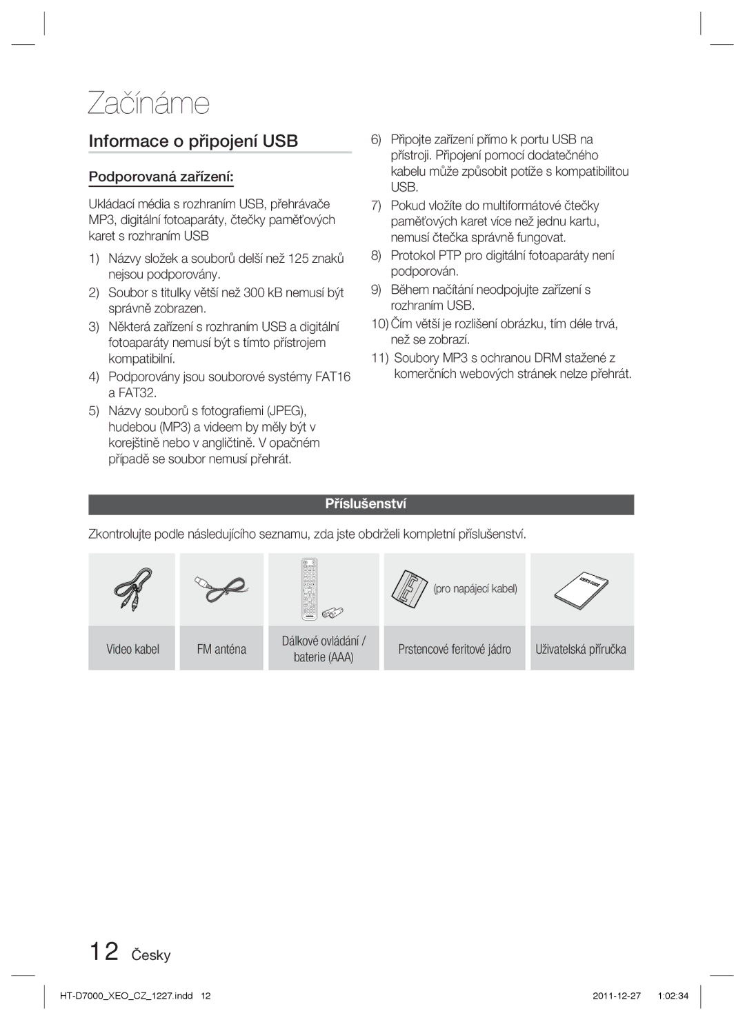 Samsung HT-D7000/EN manual Informace o připojení USB, Podporovaná zařízení, Příslušenství, 12 Česky, Uživatelská příručka 