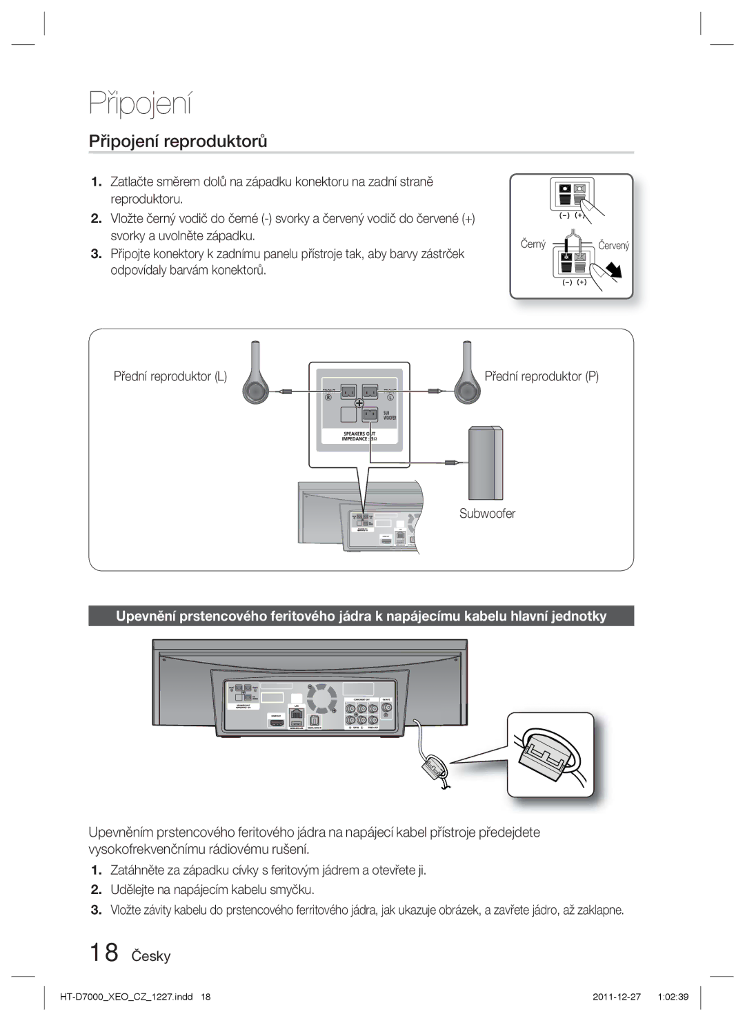 Samsung HT-D7000/EN manual Připojení reproduktorů, 18 Česky, Přední reproduktor L, Subwoofer 