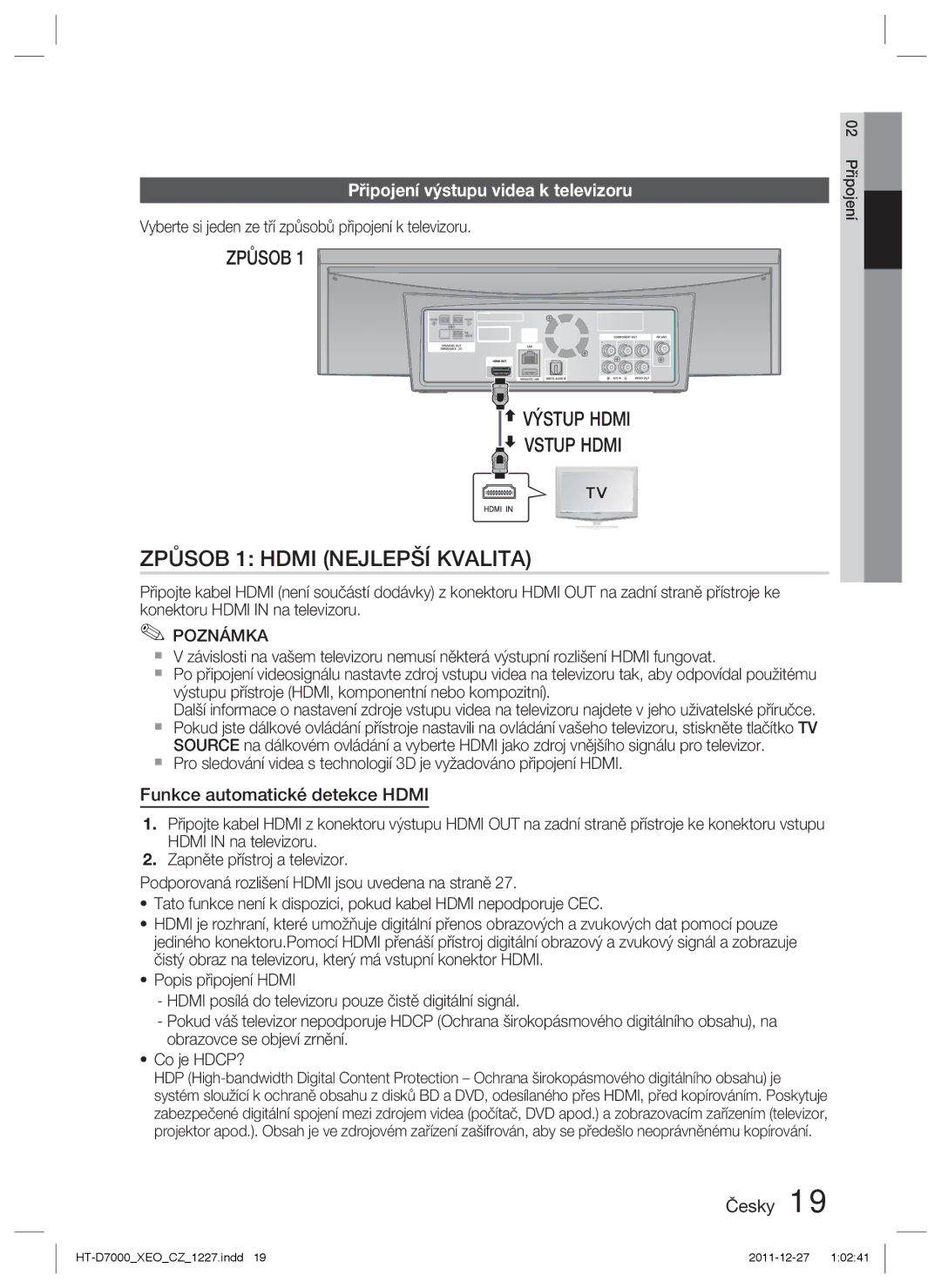 Samsung HT-D7000/EN manual Připojení výstupu videa k televizoru, Funkce automatické detekce Hdmi 