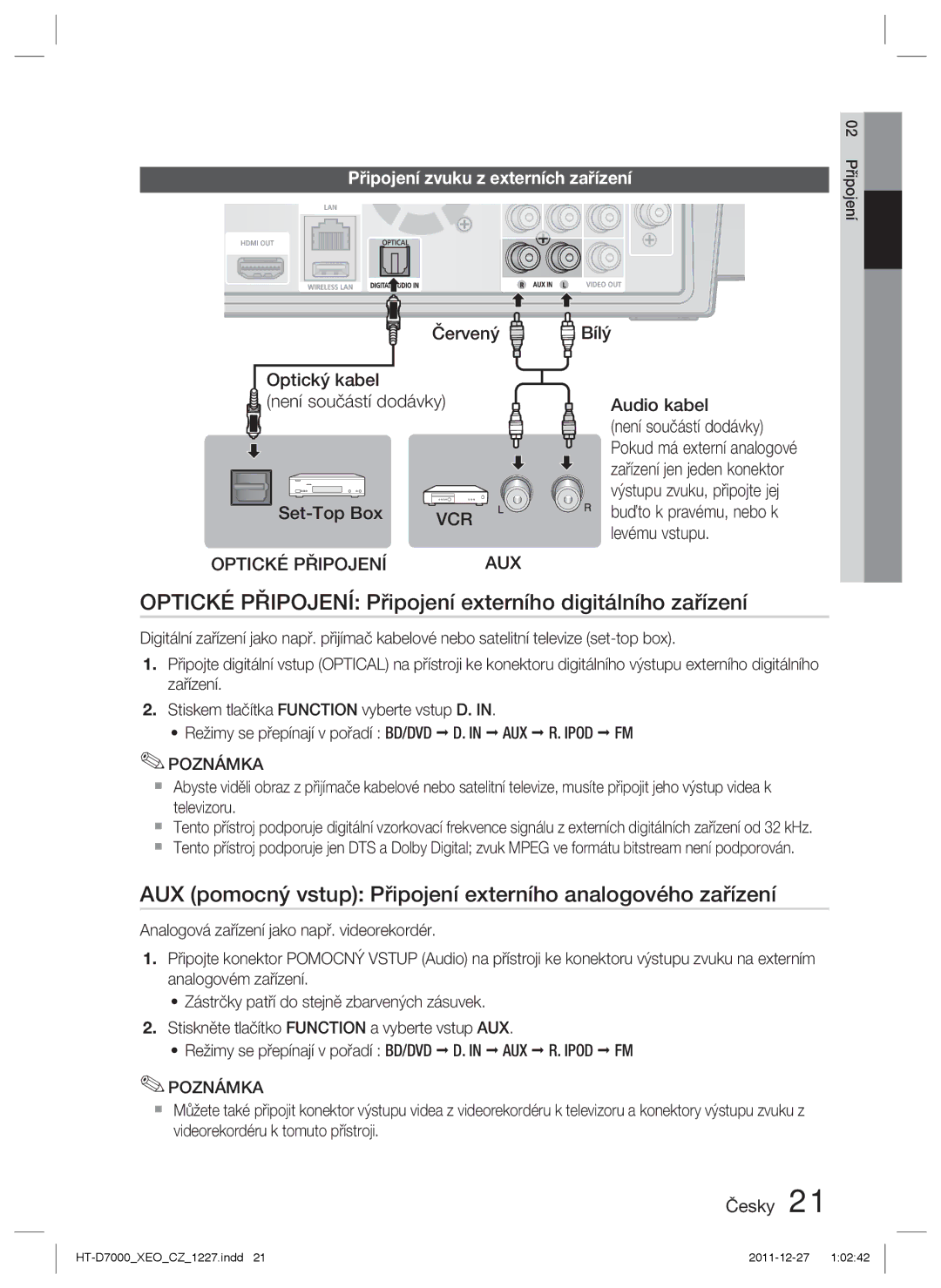 Samsung HT-D7000/EN manual Optické Připojení Připojení externího digitálního zařízení, Připojení zvuku z externích zařízení 