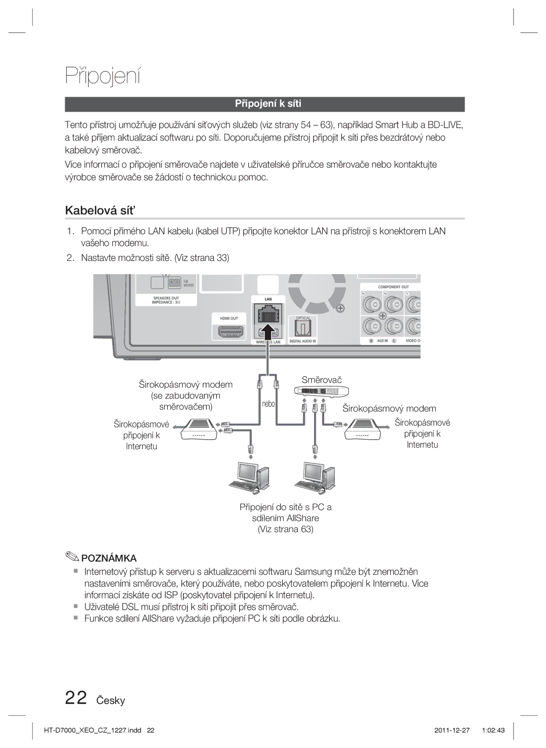 Samsung HT-D7000/EN manual Připojení k síti, 22 Česky 