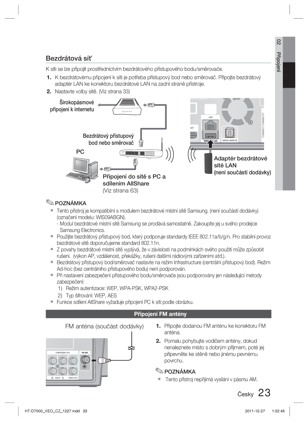 Samsung HT-D7000/EN manual Připojení FM antény,  Tento přístroj nepřijímá vysílání v pásmu AM 