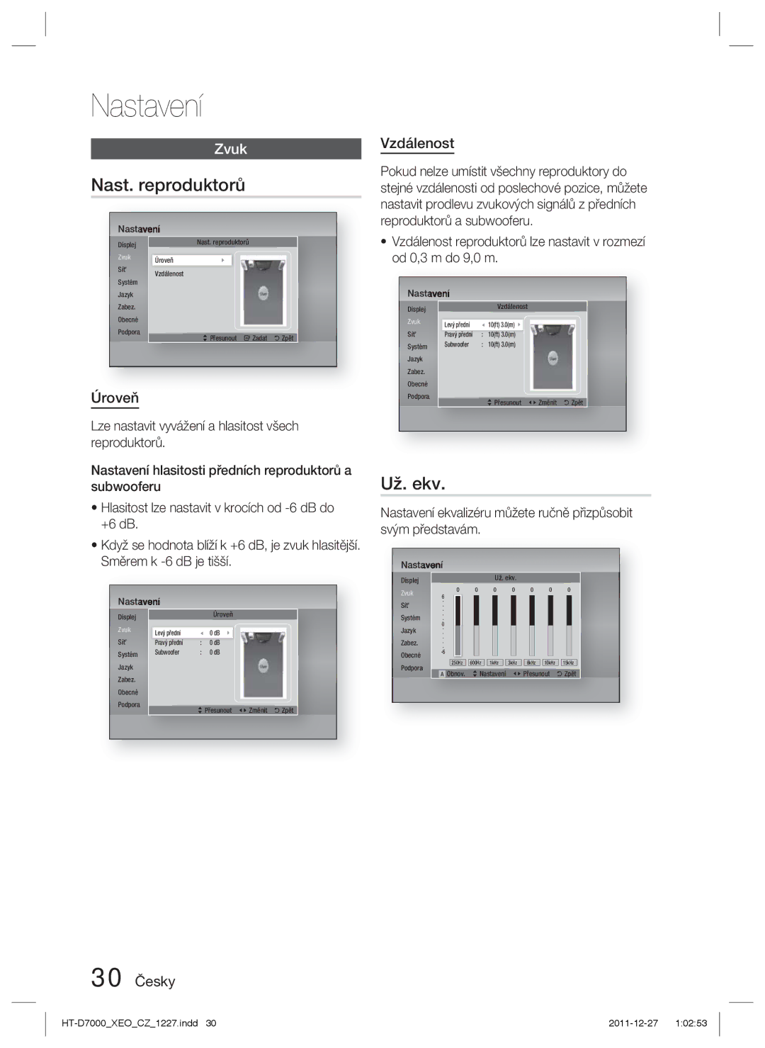 Samsung HT-D7000/EN manual Nast. reproduktorů, Už. ekv, Úroveň, 30 Česky Vzdálenost 