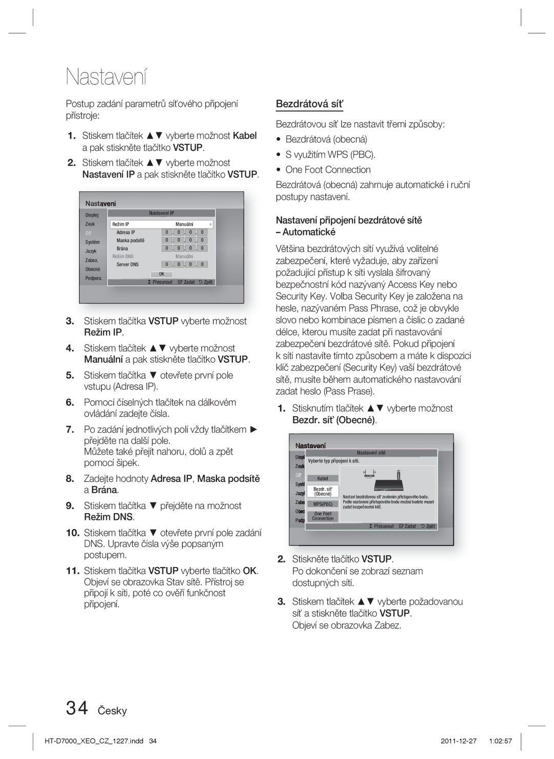 Samsung HT-D7000/EN manual Bezdrátová síť, 34 Česky, Objeví se obrazovka Zabez 