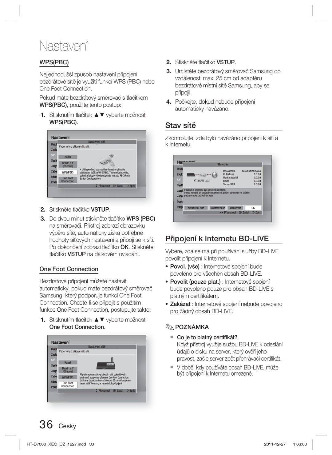 Samsung HT-D7000/EN manual Stav sítě, Připojení k Internetu BD-LIVE, One Foot Connection, 36 Česky, Wpspbc 