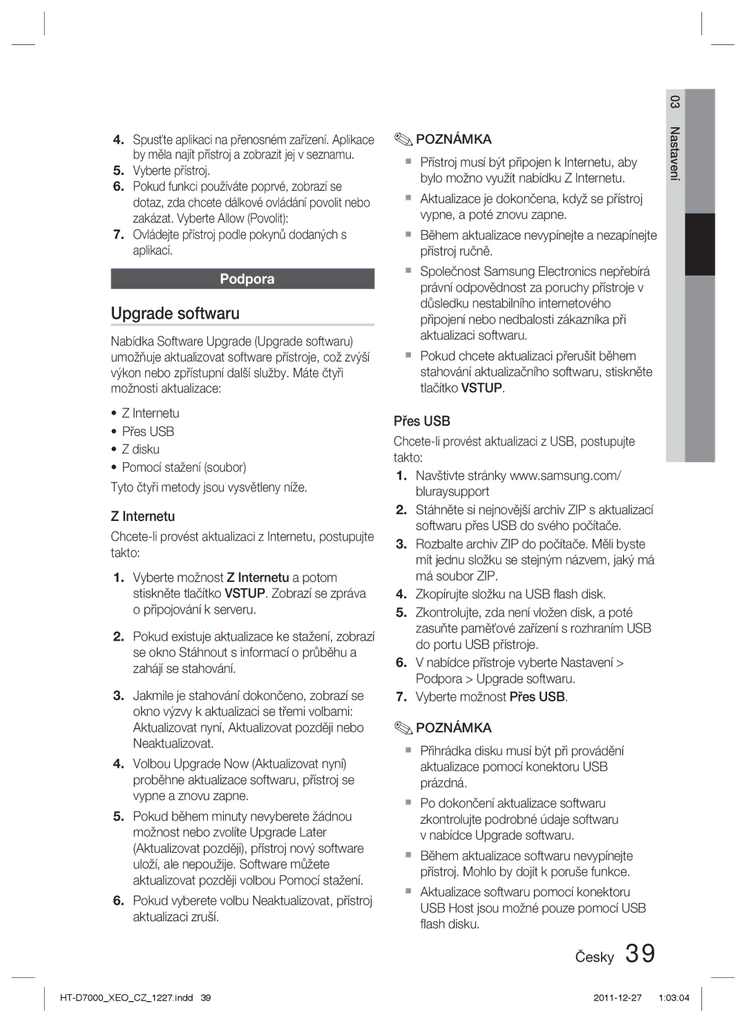 Samsung HT-D7000/EN manual Upgrade softwaru, Podpora, Internetu, Přes USB 