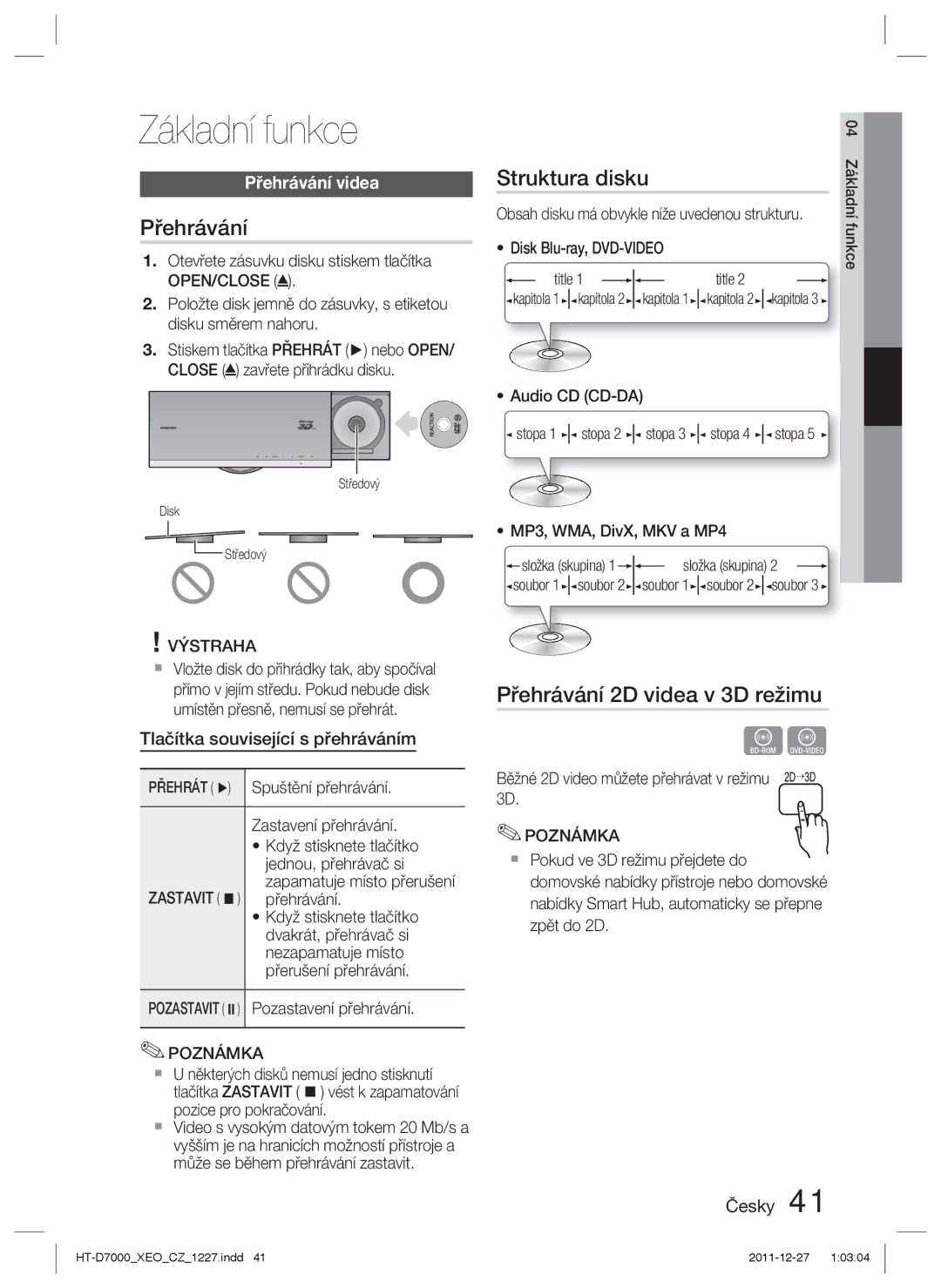 Samsung HT-D7000/EN manual Základní funkce, Struktura disku, Přehrávání 2D videa v 3D režimu, Přehrávání videa 