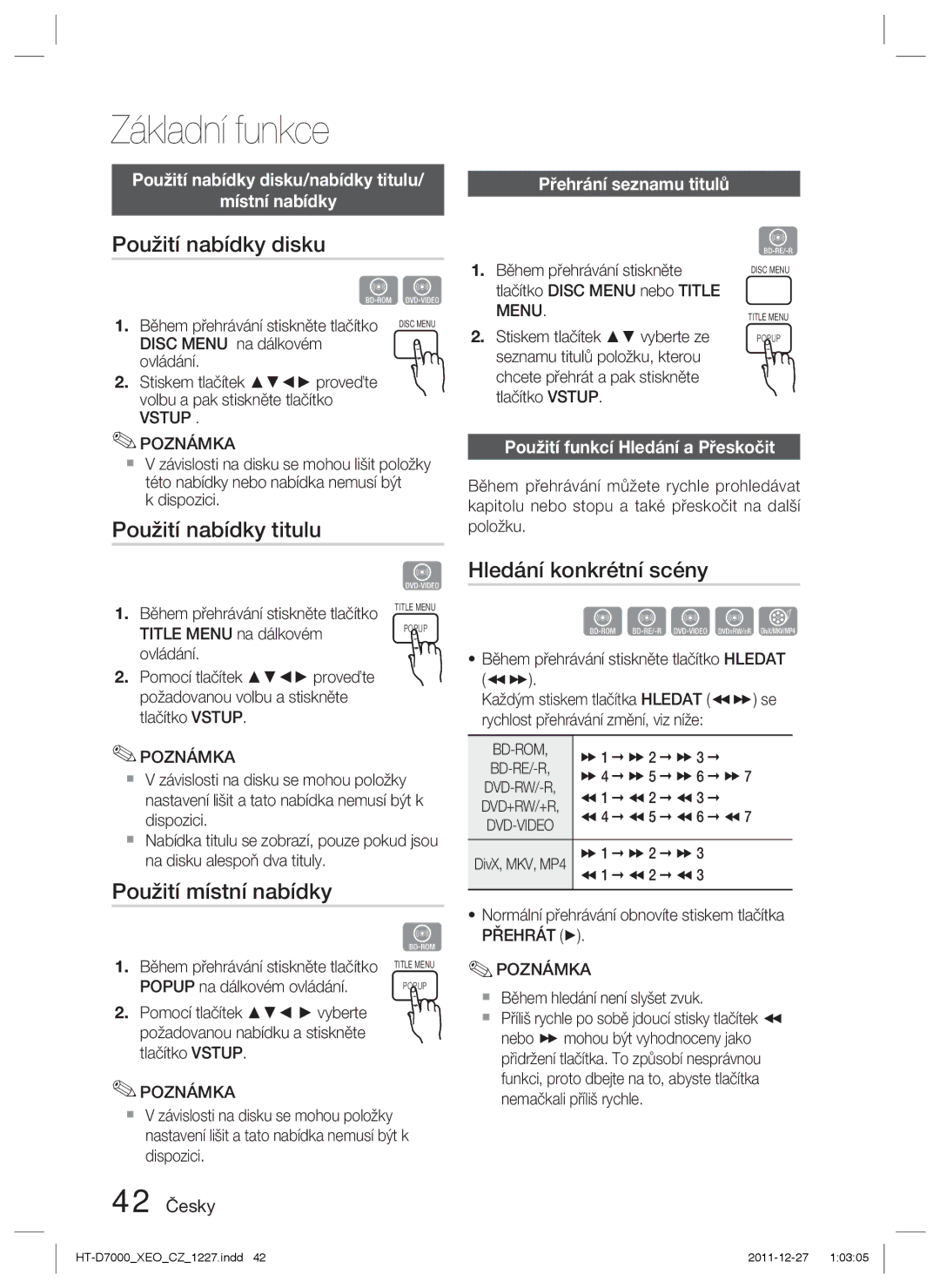 Samsung HT-D7000/EN manual Použití nabídky disku, Použití nabídky titulu, Použití místní nabídky, Hledání konkrétní scény 