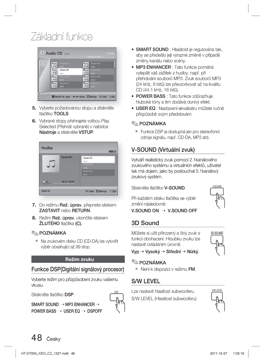 Samsung HT-D7000/EN manual Sound Virtuální zvuk, 3D Sound, Režim zvuku, 48 Česky 