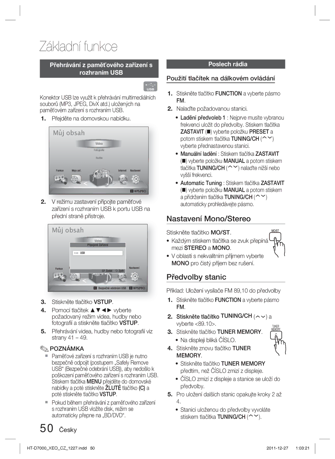 Samsung HT-D7000/EN manual Nastavení Mono/Stereo, Předvolby stanic, Poslech rádia, Použití tlačítek na dálkovém ovládání 